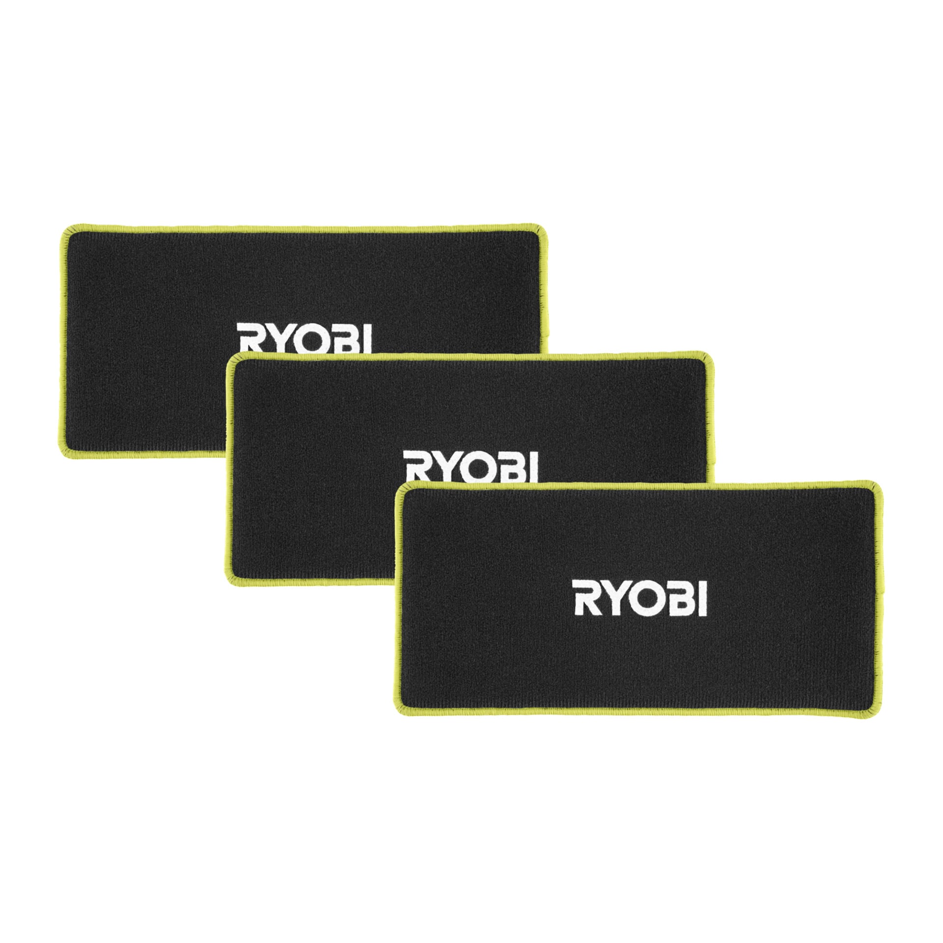 Tre svarta rektangulära Ryobi USB Lithium RSM4A1 rengöringsplattor med grön kant och vit logga, överlappande i ett set om 3.