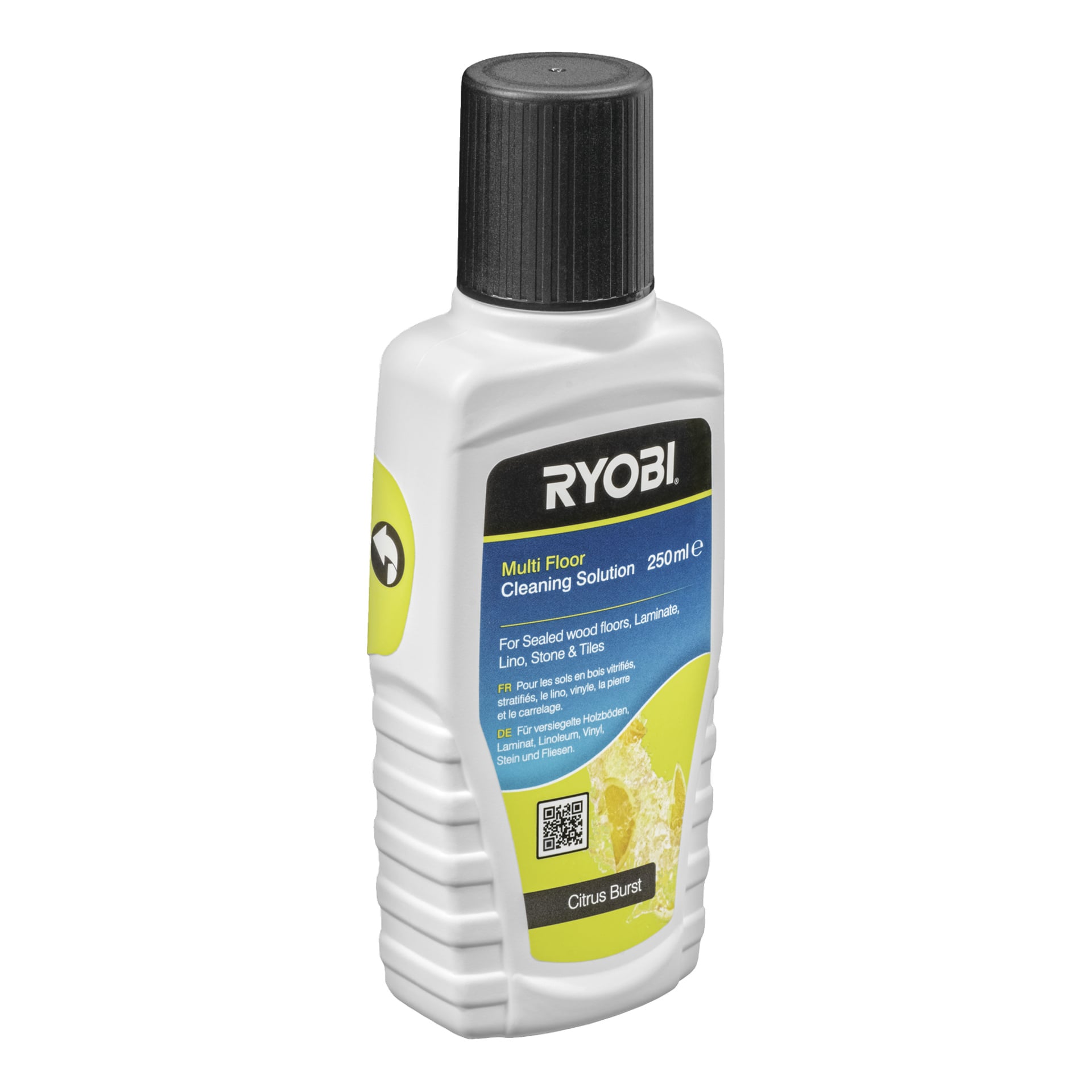Ryobi USB Lithium Battery spraymopp RSM4-120G, för trä, laminat, linoleum, sten och kakel. Svart lock med Citrus Burst-etikett.