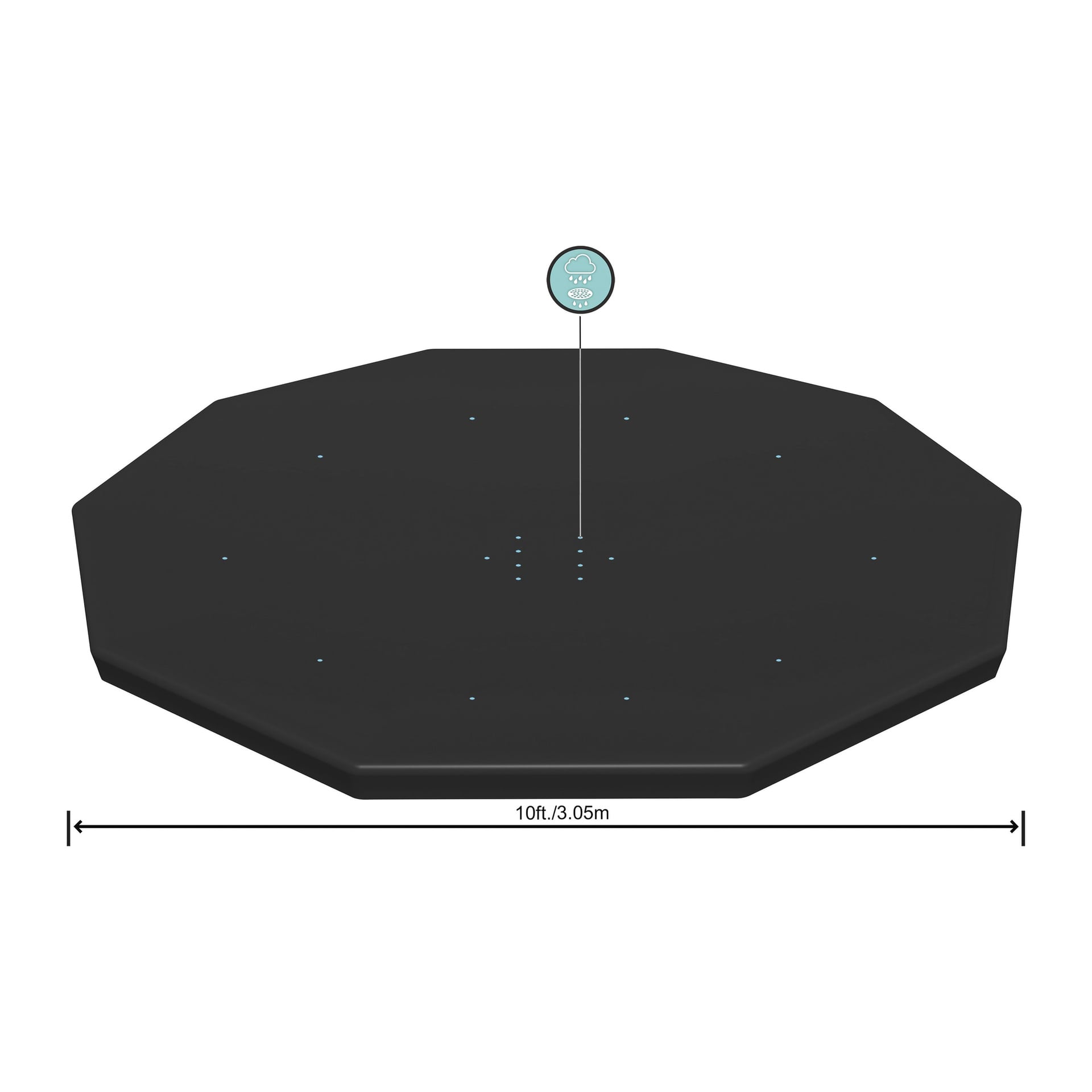 Bestway Round Pool Cover är svart, åttakantigt, 3 meter brett, med blå prickar och en central väderikon för utomhusändamål.