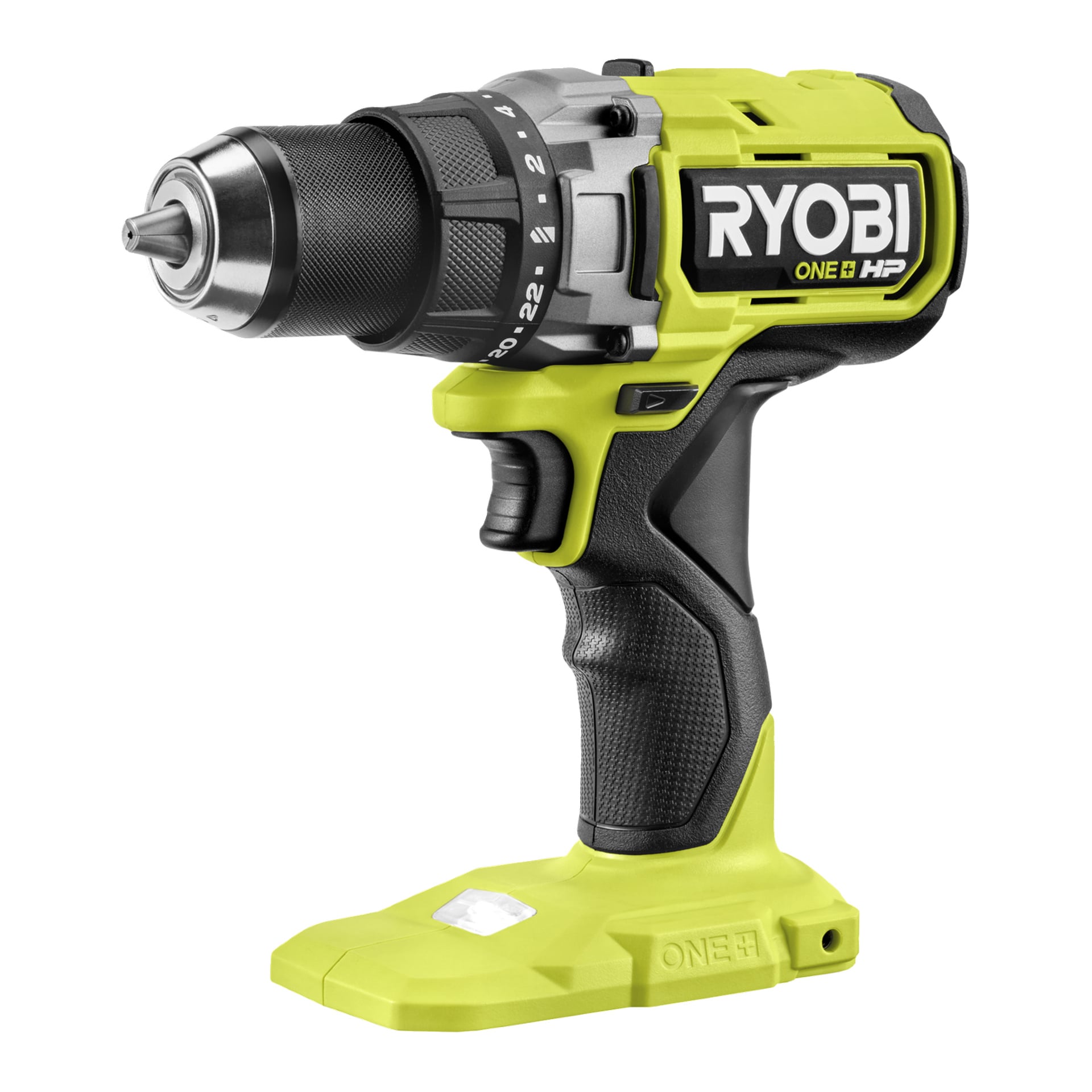 Ryobi One+ HP RDD18X1-0 skrutrekker i svart og knallgrønn, merkenavn synlig, vist uten batteri tilkoblet.