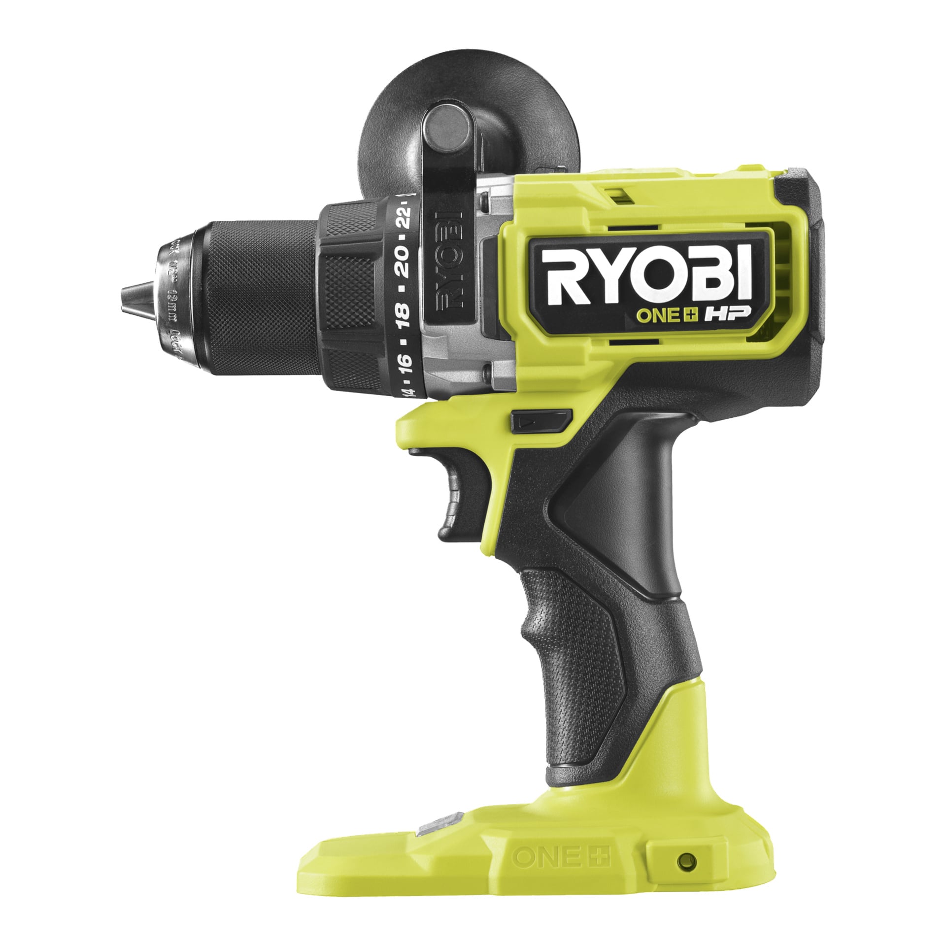 En gul og svart Ryobi One+ HP batteriløs skrutrekker RDD18X1-0 med nøkkelfri chuck, vist uten batteri festet.
