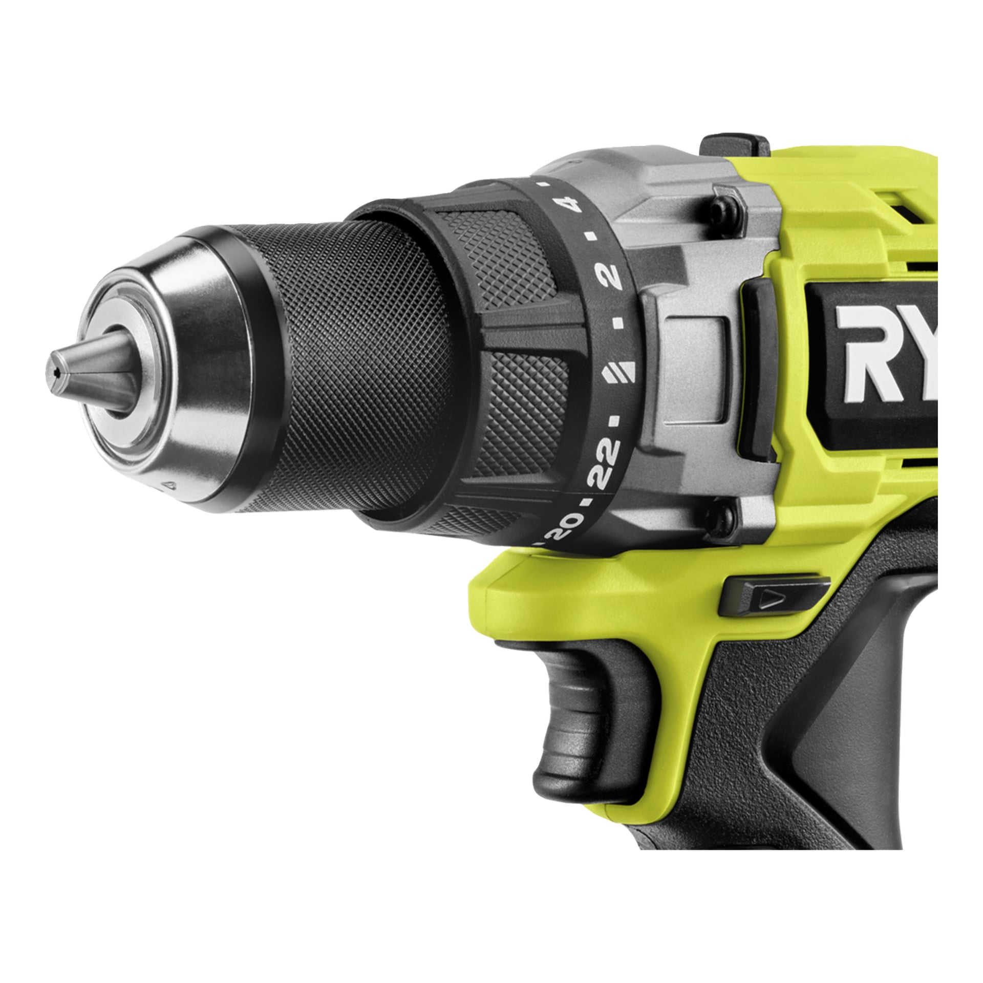 Nærbilde av Ryobi One+ HP skrutrekker RDD18X1-0 som viser chuck, momentring, avtrekker og håndtak i grønt og svart.