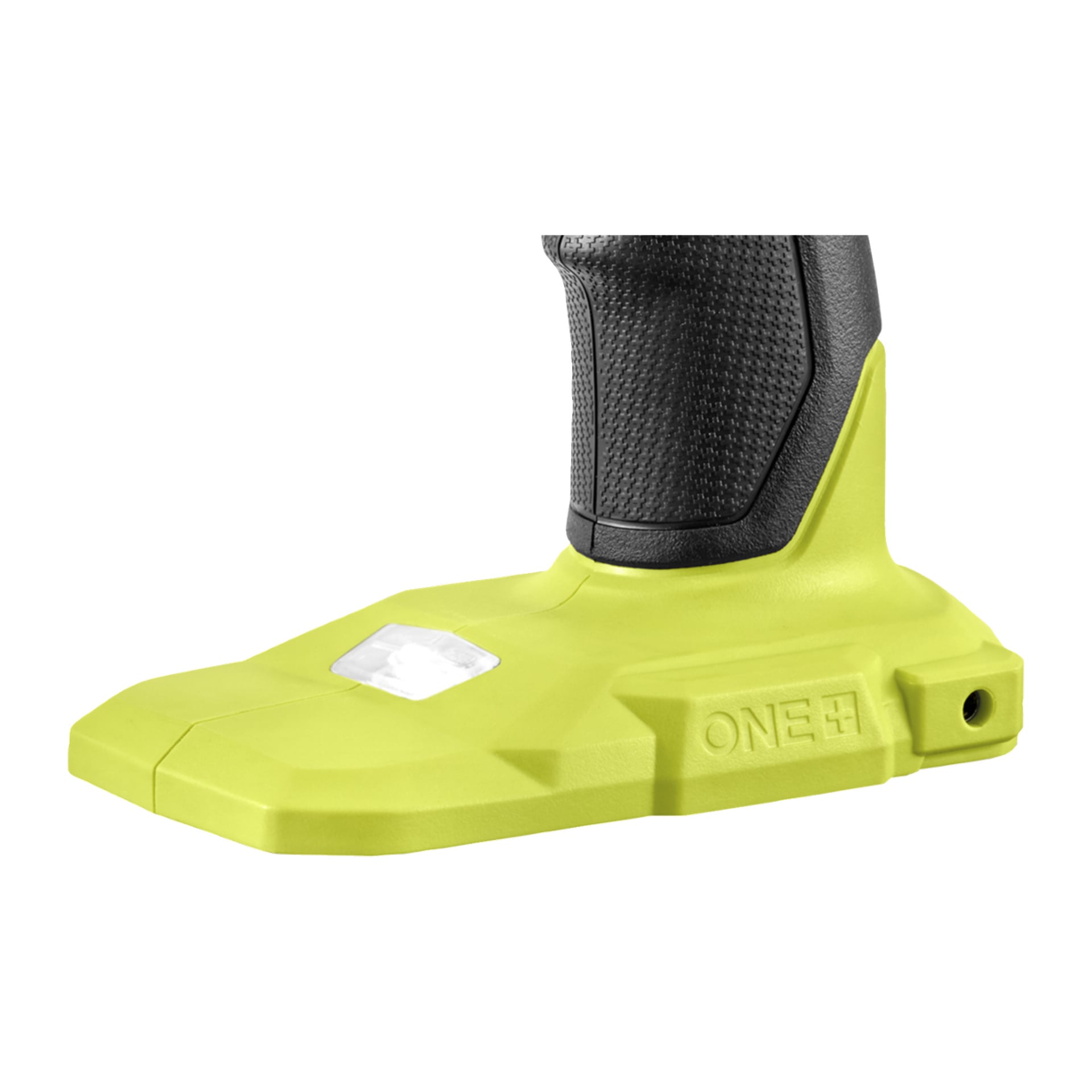 Nærbilde av Ryobi One+ HP Screwdriver RDD18X1-0 base, med et teksturert svart håndtak, gult karosseri, LED i bunnen og sideport.
