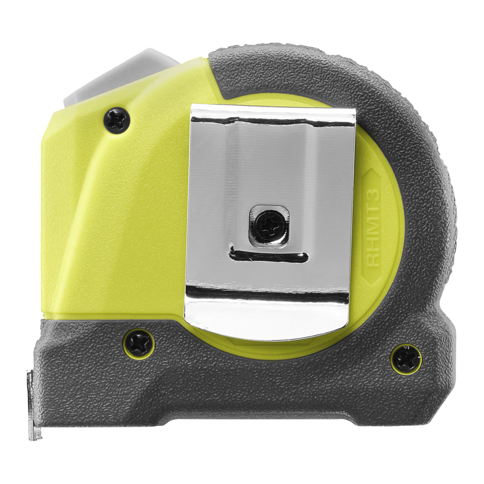 Ryobi Tape Measure RHMT3 har en gul och grå plastkropp, tre synliga skruvar, ett metallbälteklämma och bandet är indraget.