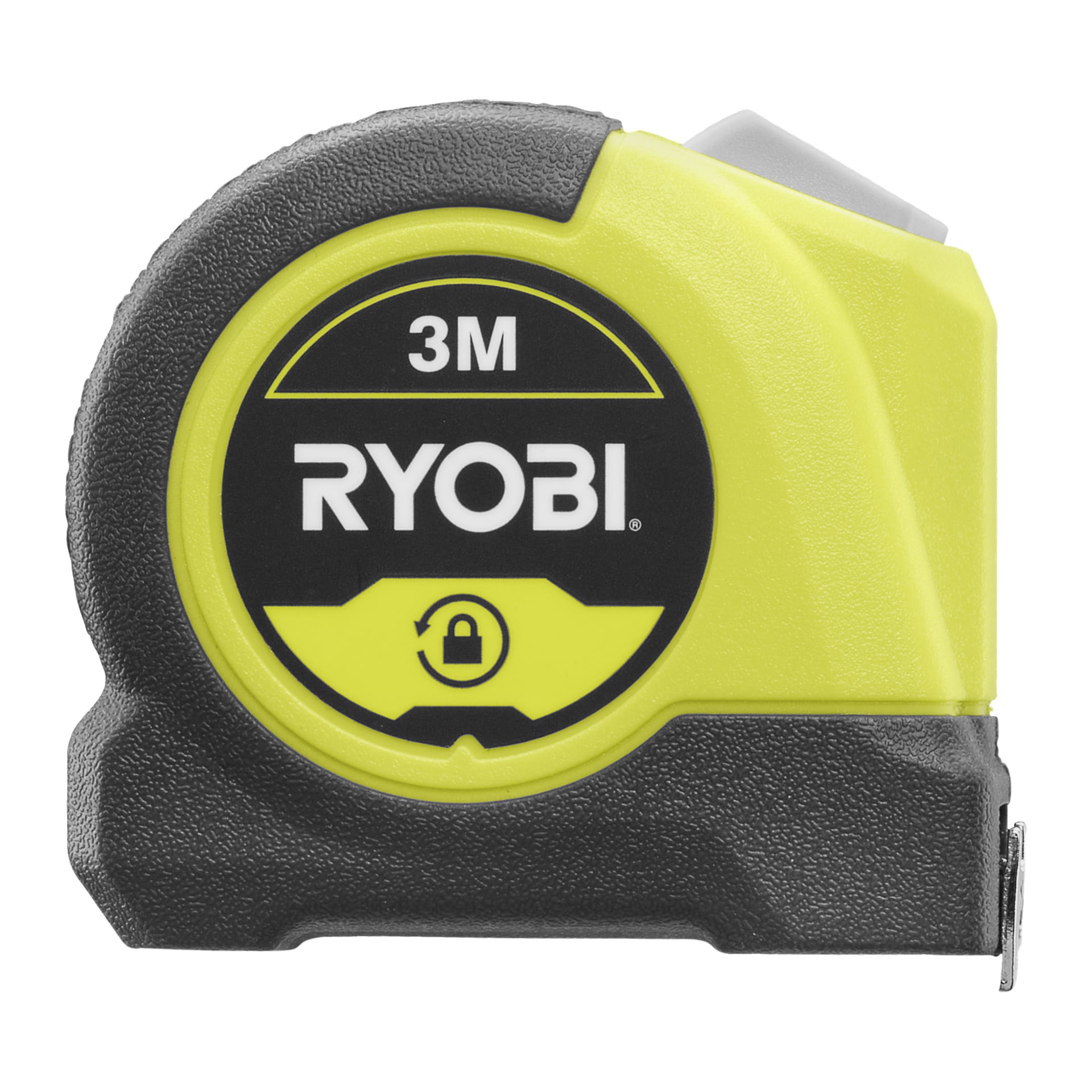 Ryobi RHMT3-måttband i gult och svart, med en synlig låssymbol på höljet.