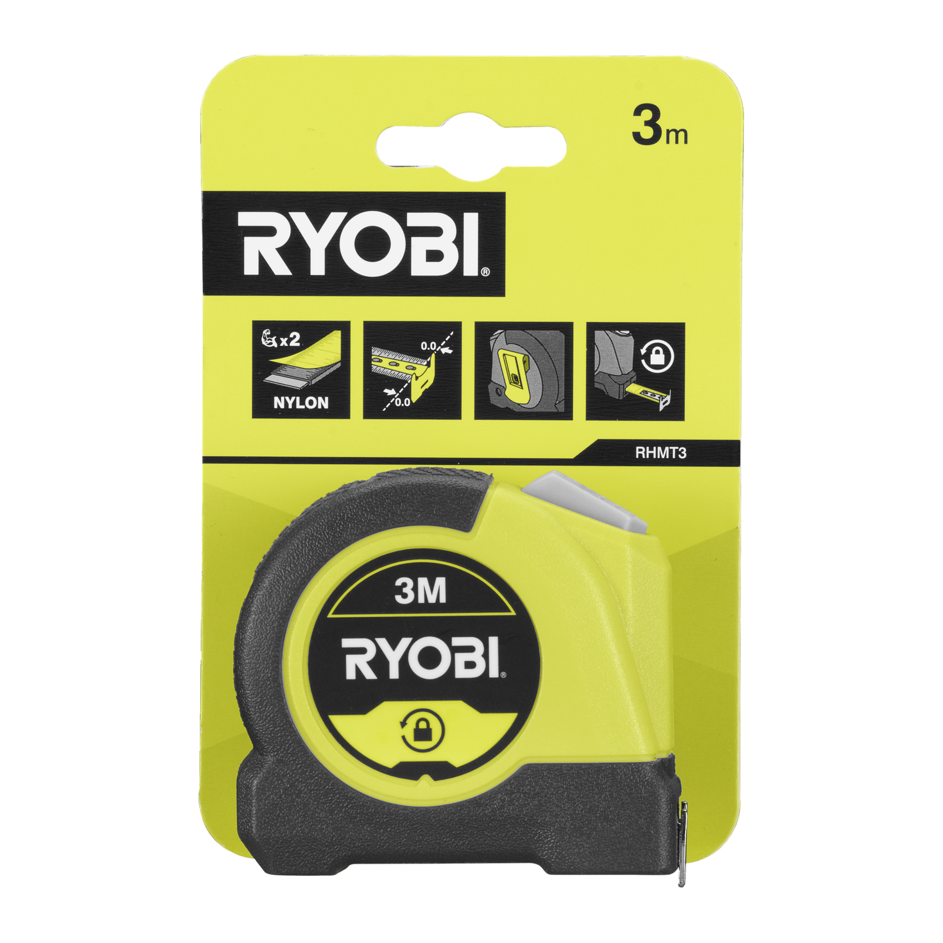 Ryobi RHMT3-måttband i gul och svart förpackning, med varumärkesnamn, 3 m längd, nylonbelagt blad och låsfunktion.
