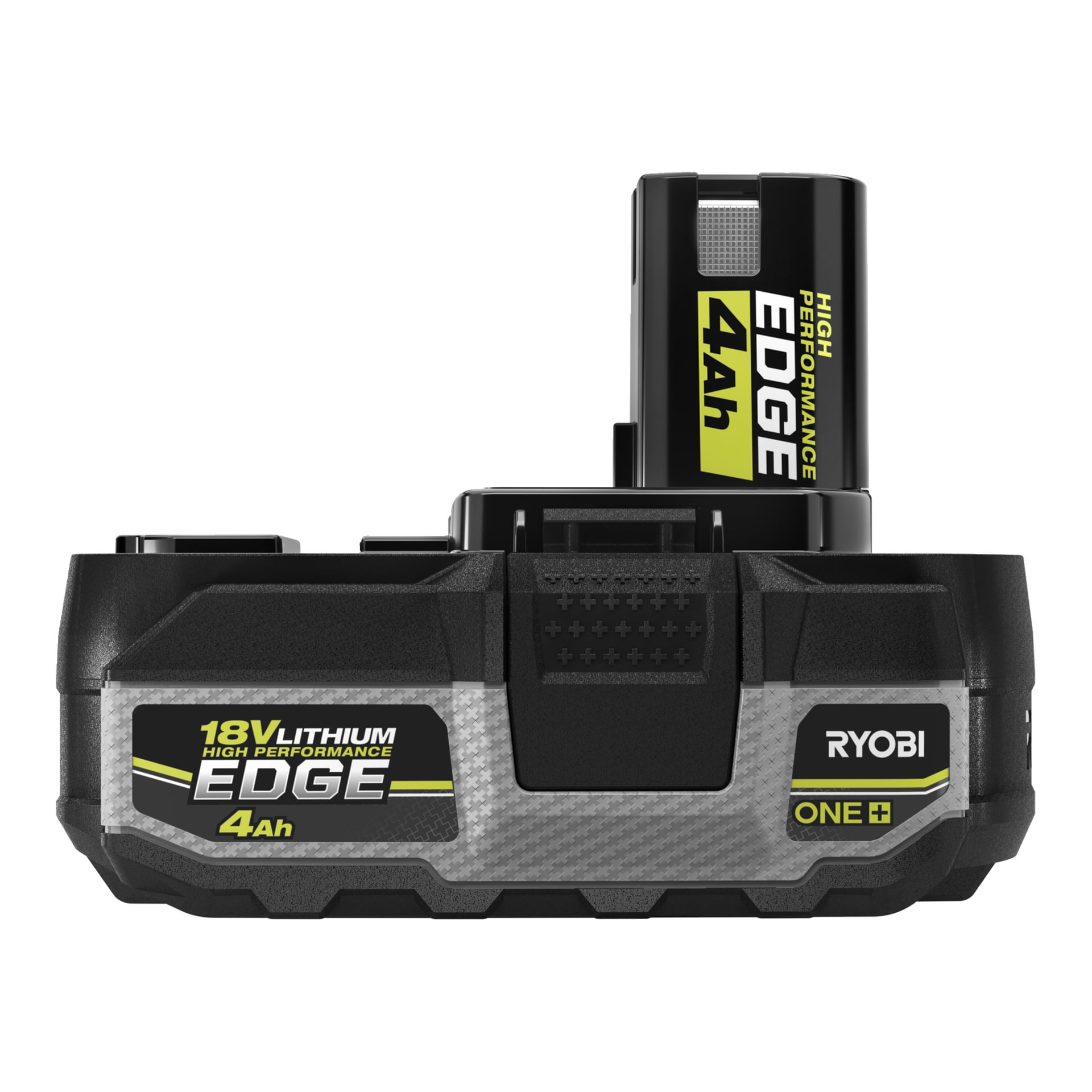 Framifrån på Ryobi One+ HP Battery Edge RB1840E 18V 4Ah-paket, med produktetiketter och ett batterisläpp på toppen.