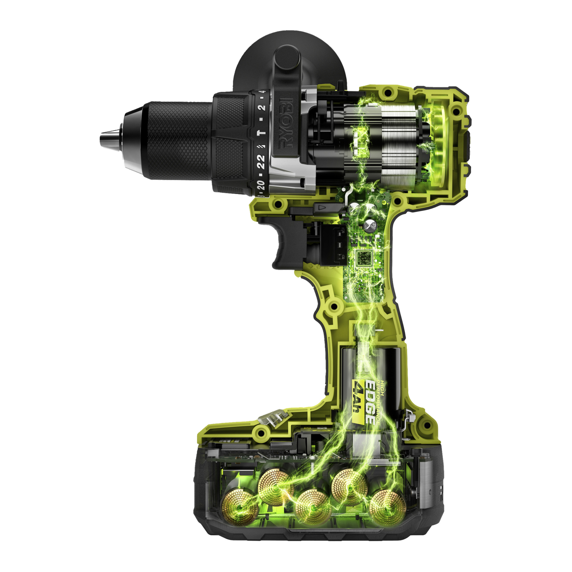 Tvärsnittet av Ryobi One+ HP RB1840E borrmaskin visar inre komponenter, kugghjul, batteri och markerade energiflödesvägar.