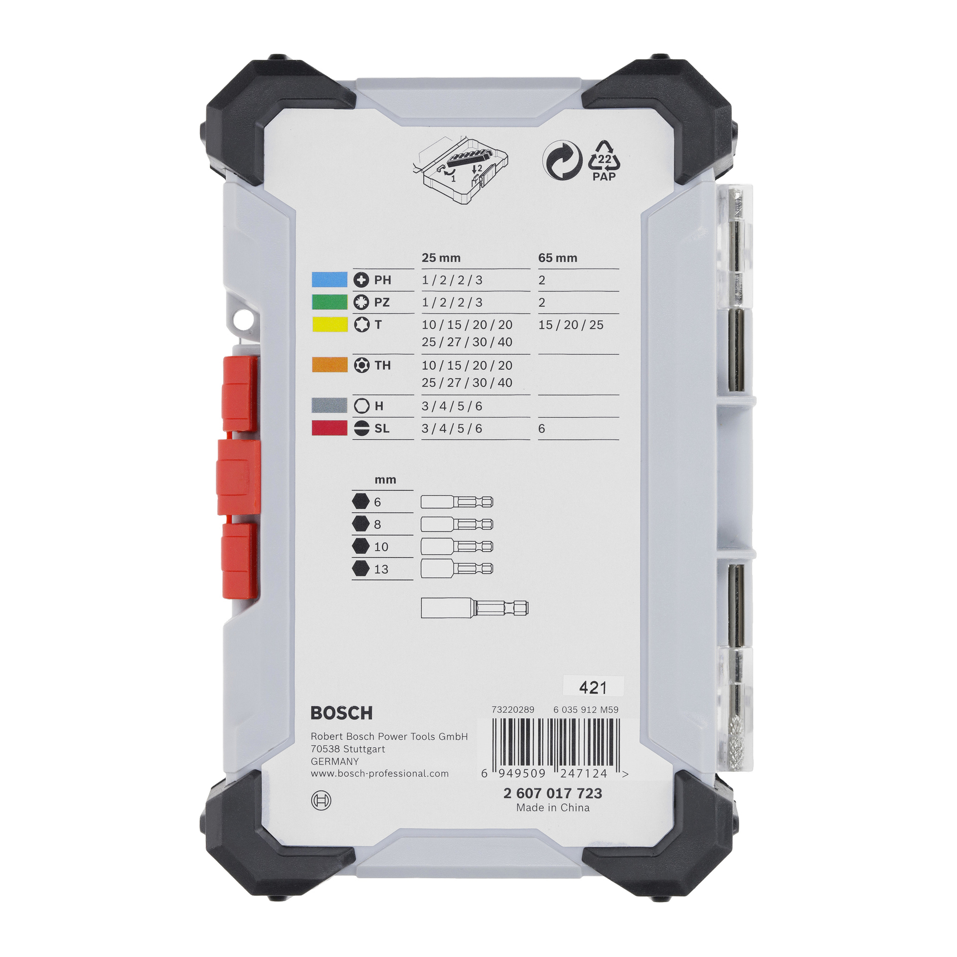 Bosch 43-delad bit placerad i ett klart, grått fodral med svarta och röda detaljer, som visar varumärke, informationsetiketter och delarna inuti.