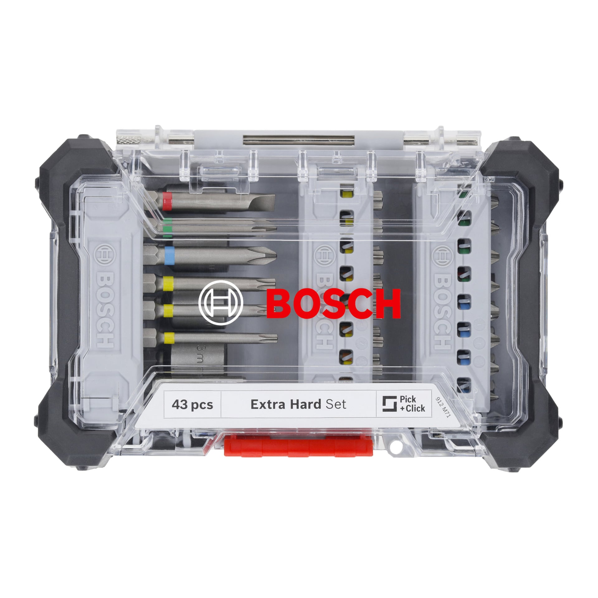 Ett Bosch-bitset med 43 delar är prydligt organiserat i ett genomskinligt fodral, med logotyp och produktnamn på locket.