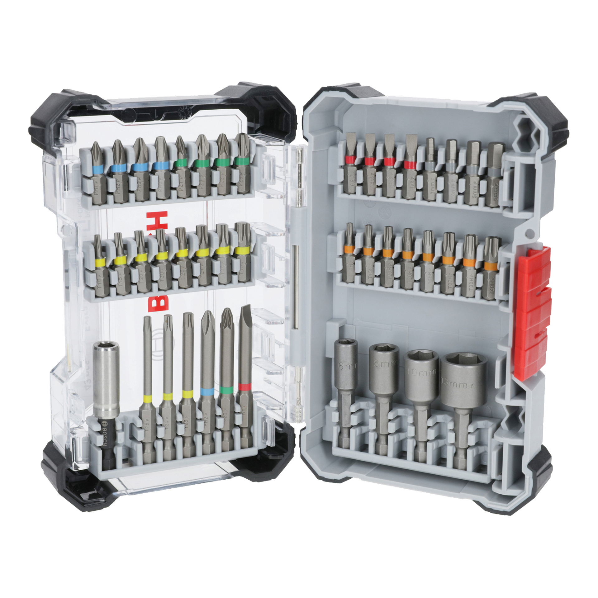 En Bosch-bit med 43 delar satt i ett plastfodral, organiserad med metallbitar, hylsor och adaptrar, vissa märkta med färgade band.