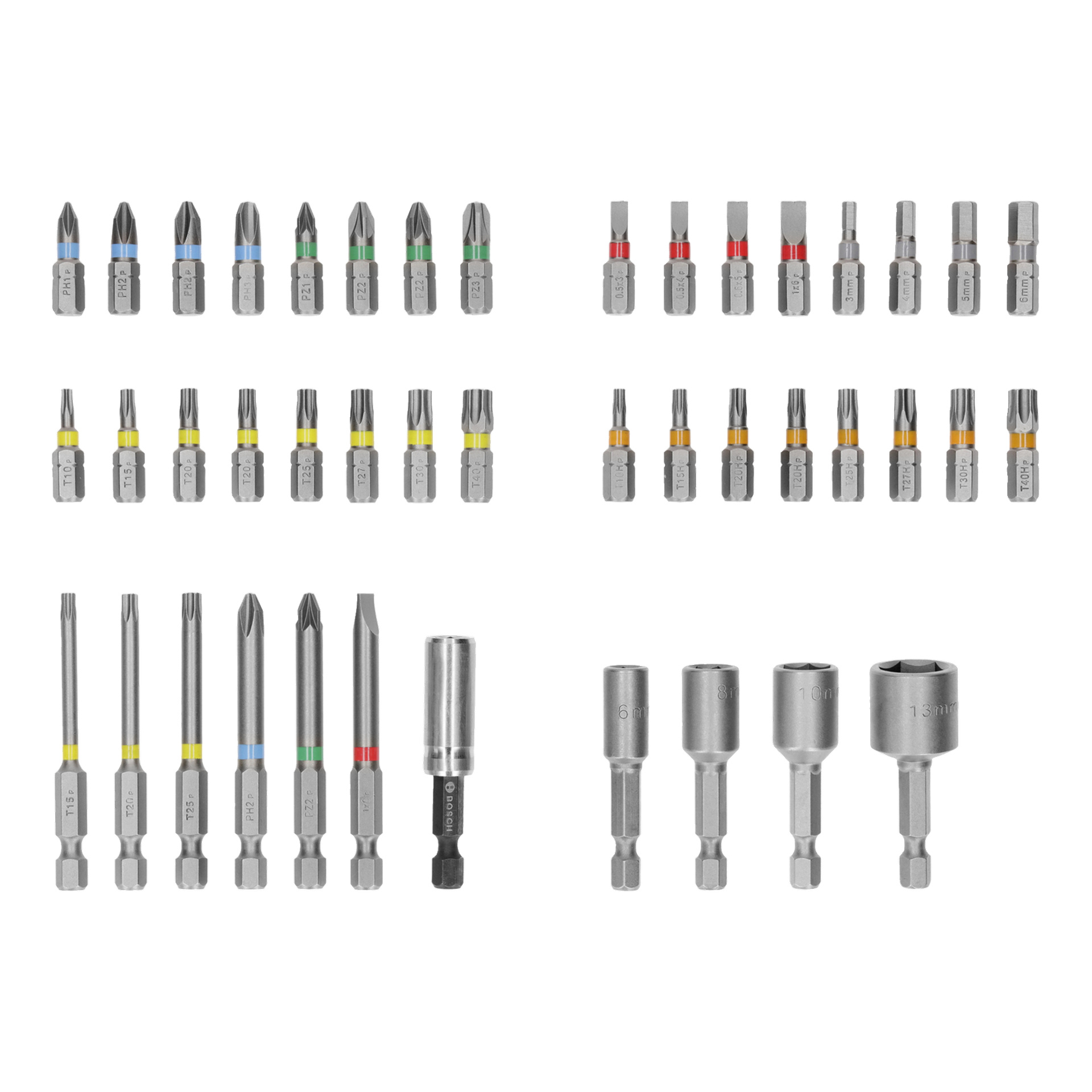 Boschs 43-delade bitset inkluderar Phillips-, slits-, Torx- och hexbitar i rader; vissa har färgade band vid basen.