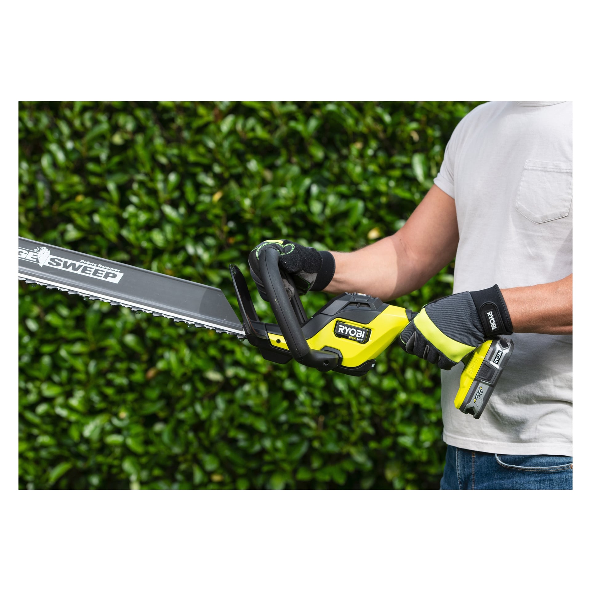 En person med handskar och vit t-shirt trimmar häckar utomhus med en Ryobi RY18HTX60A-220, med gröna växter bakom.