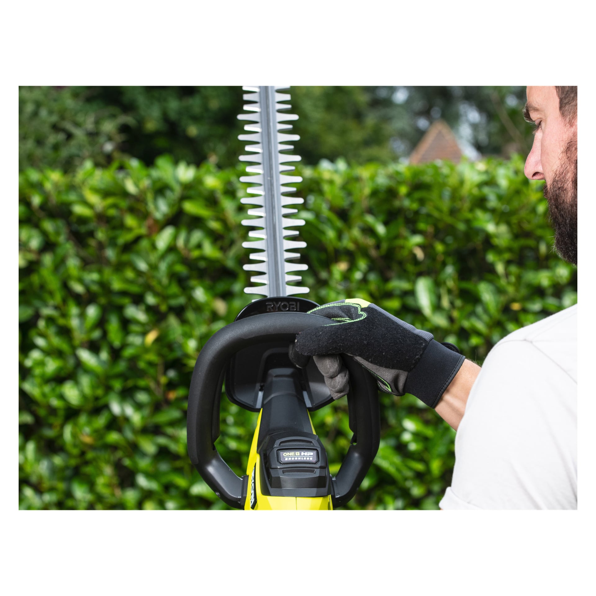 Med en svart handske använder någon Ryobi RY18HTX60A-220 batteri häcksax för att klippa en frodig grön häck utomhus.