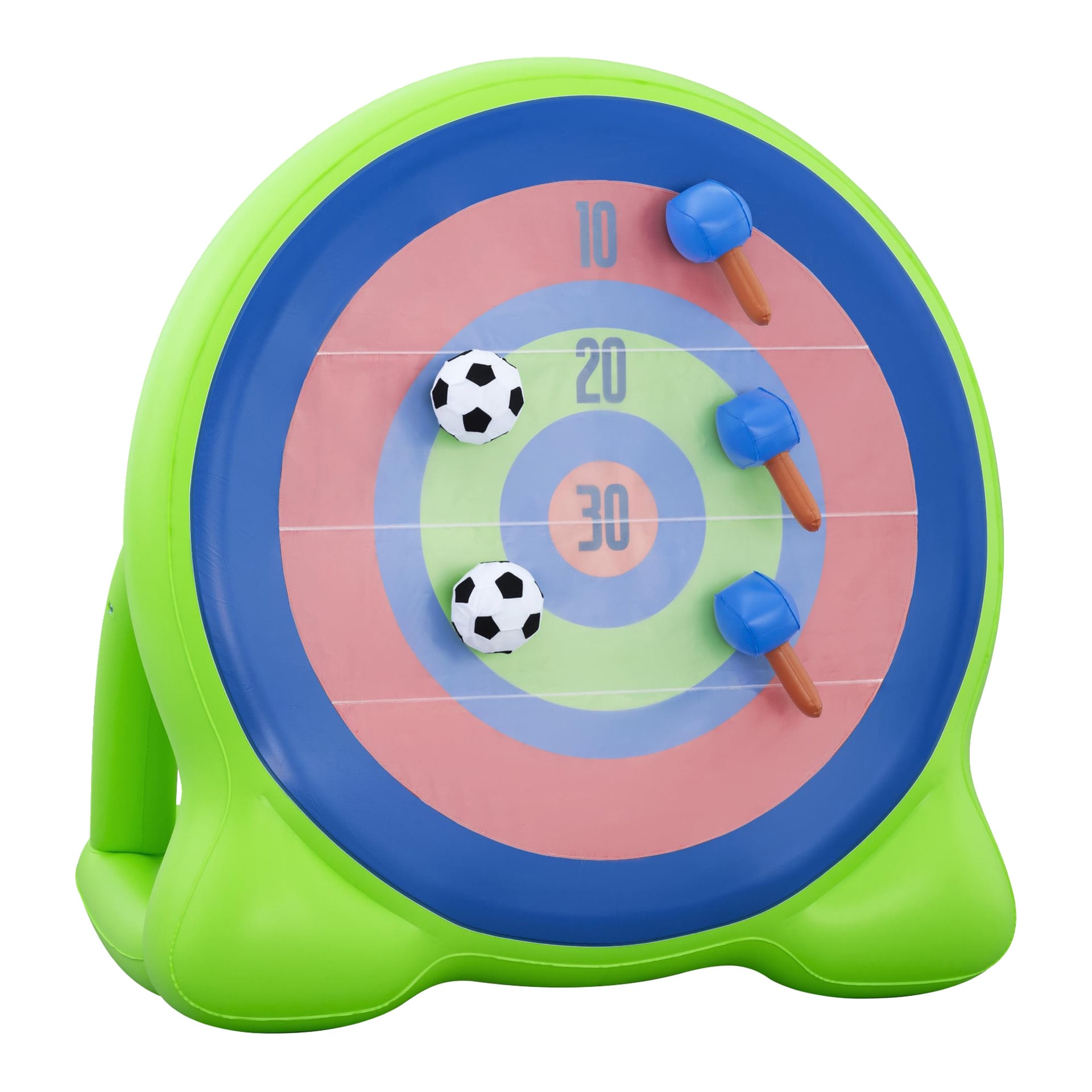 Bestway uppblåsbar dartavla Bullseye-spel med gröna sidor, blå-rosa bullseye, 10/20/30 zoner, 2 fotbollar, 2 klibbiga pilar.