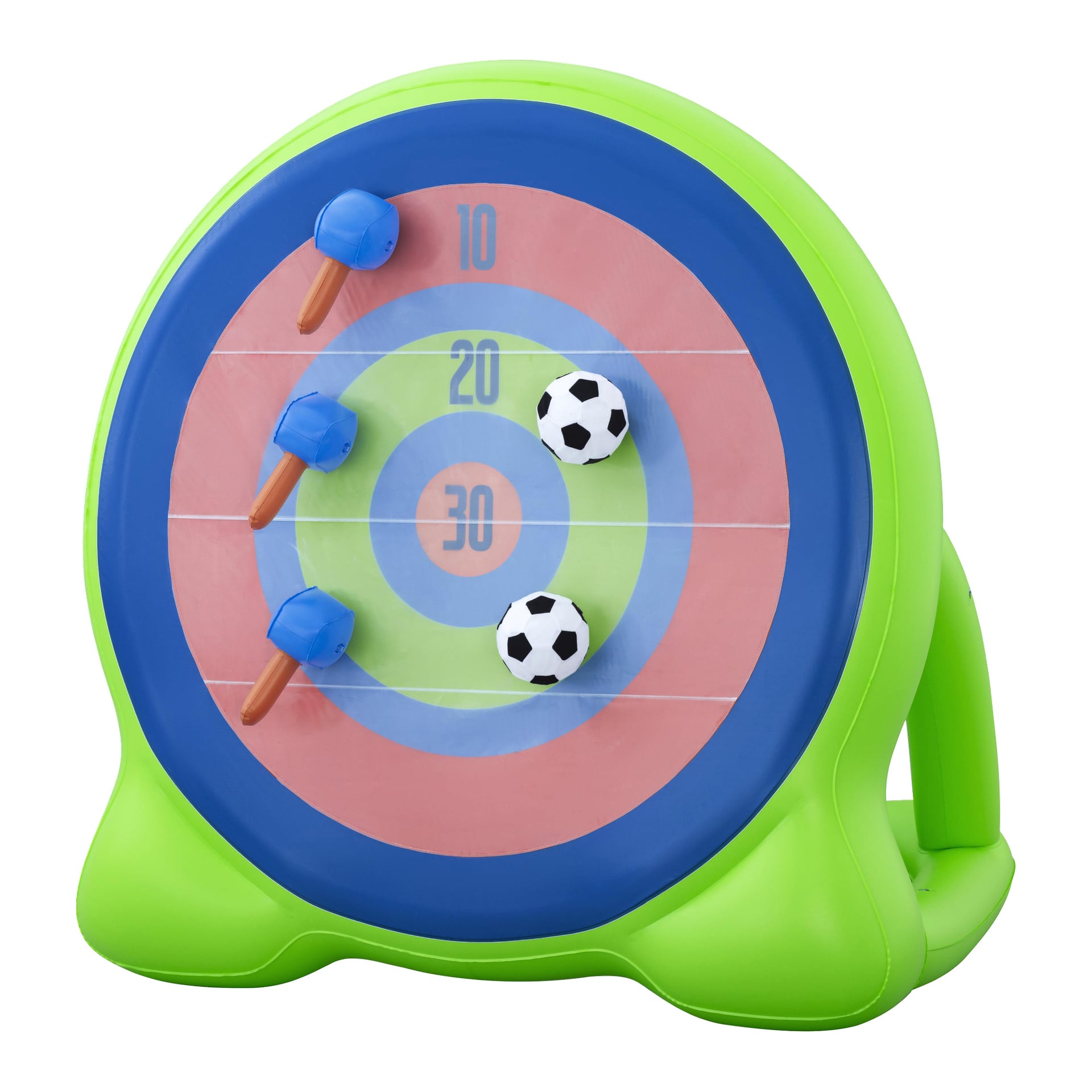 Bestway uppblåsbar dartbräda 2-i-1-spel med grön ram, blå/röda poängringar, tre blå pilar och fotboll på målet.
