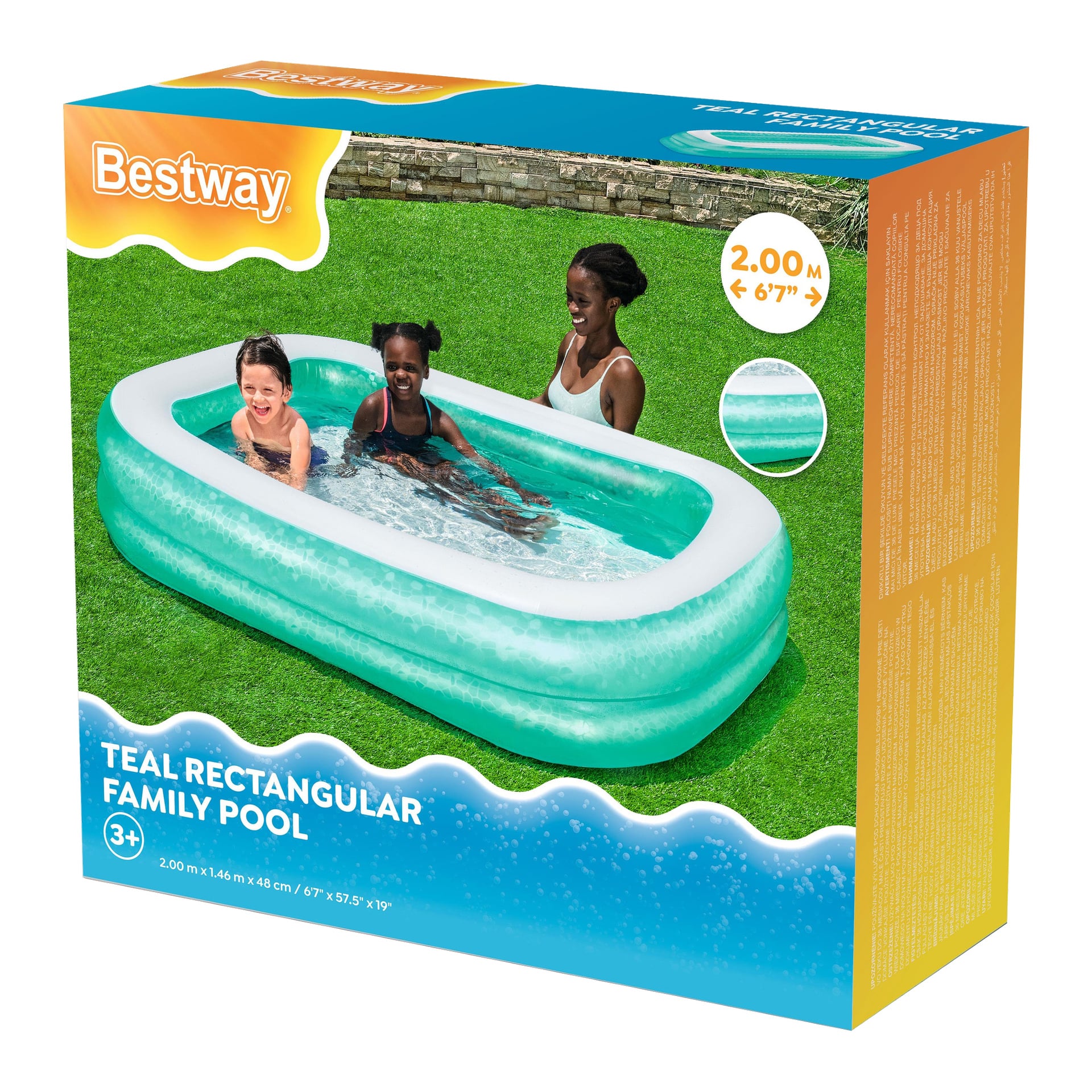 Rektangulär låda med två barn och en vuxen i en uppblåsbar pool. Bestway Pool, 2,00 m x 1,46 m x 48 cm, åldrar 3+.