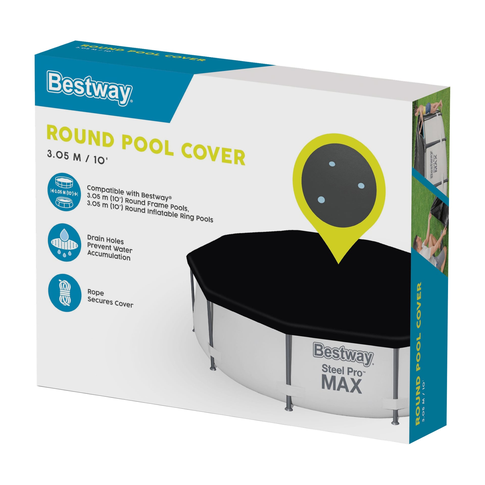 Lådan för Bestway Round Pool Cover visar ett svart lock på en rund stålpool, med text om passform, funktioner och 3,05 m (10 fot) storlek.
