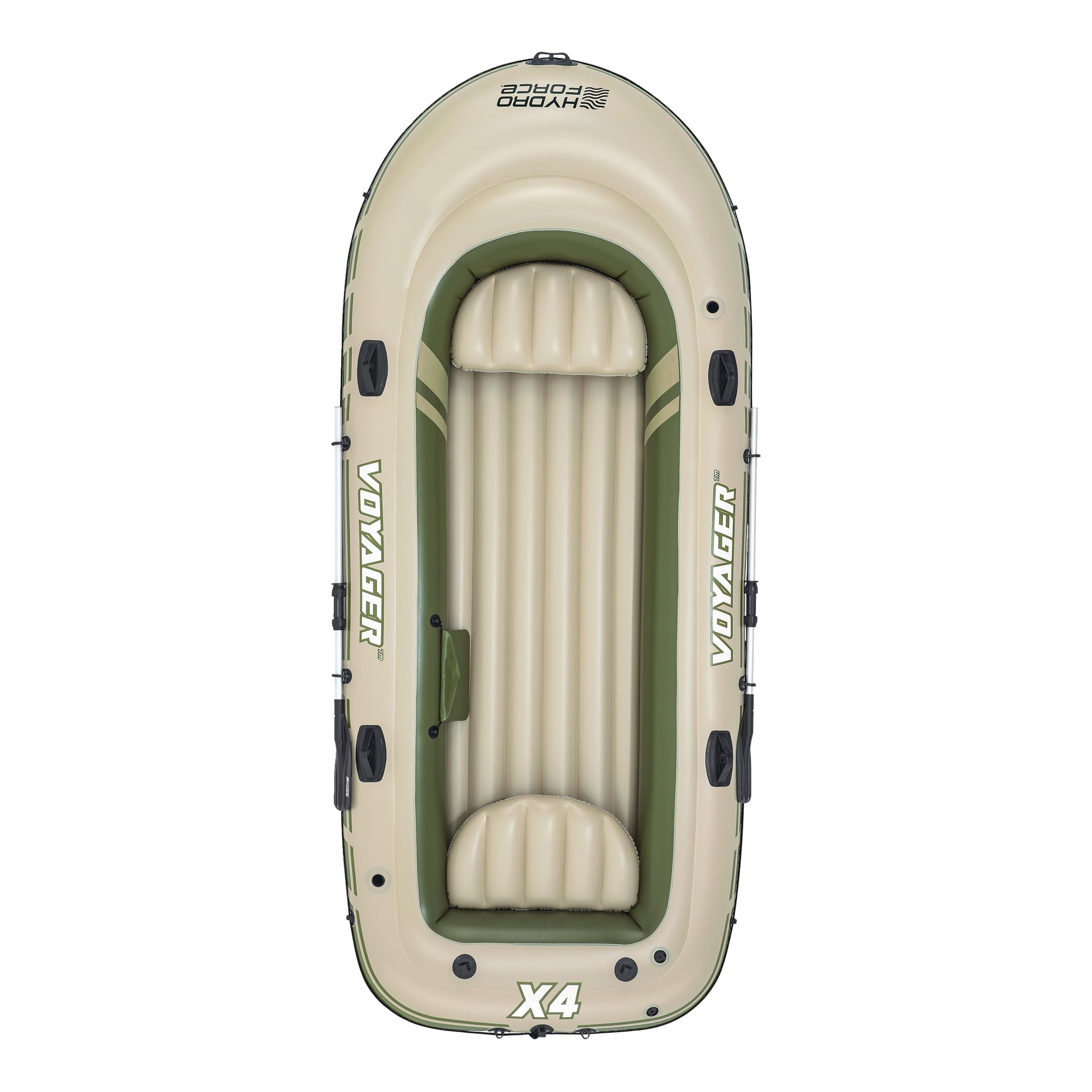 Oversiktsbilde av beige og grønn Bestway Hydro-Force Voyager X4 oppblåsbar flåte med fire svarte håndtak, seter, D-ringer og logo nær fronten.