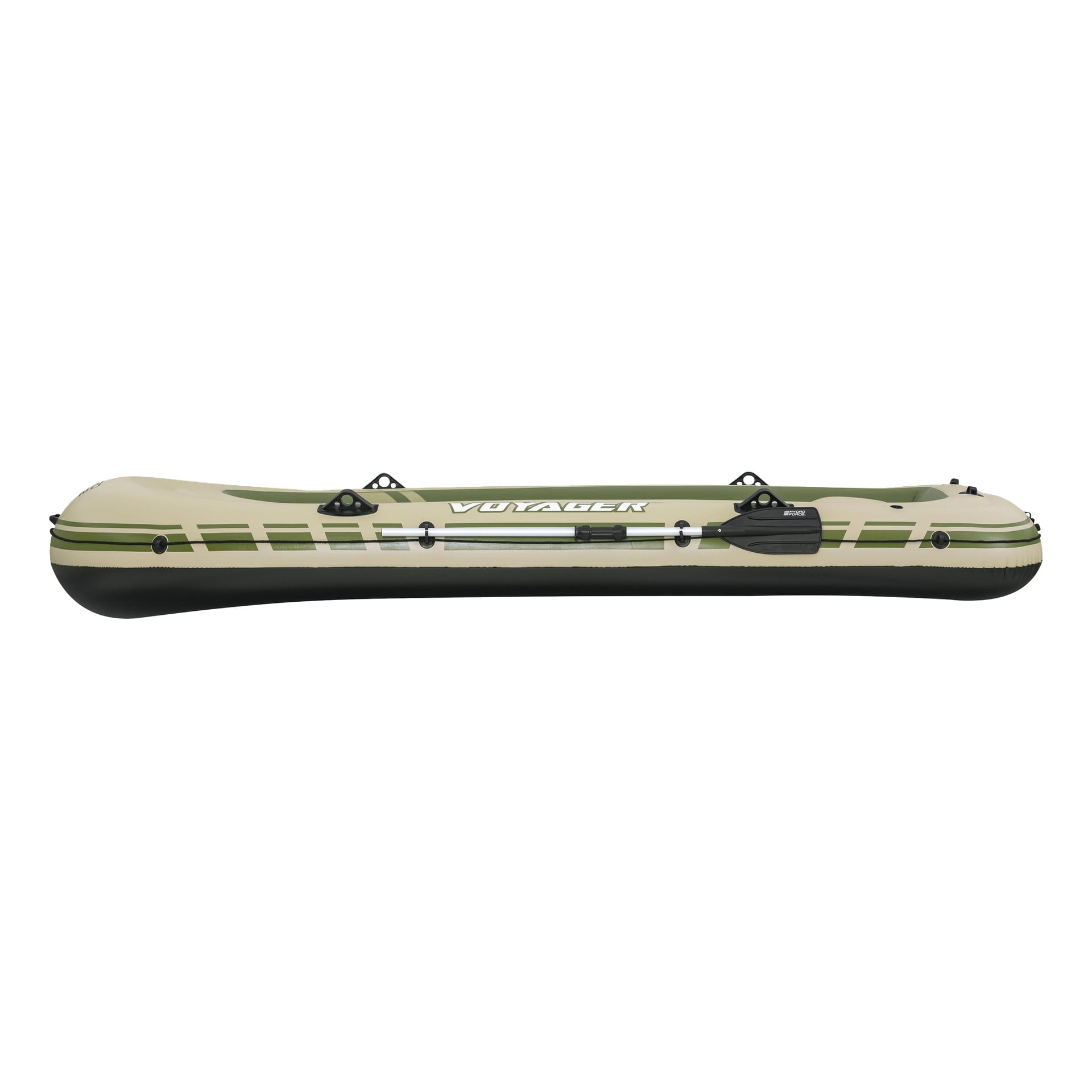 En beige og grønn Bestway Hydro-Force Voyager X4 oppblåsbar båt i profil, med svarte årer og flere svarte håndtak på toppen.
