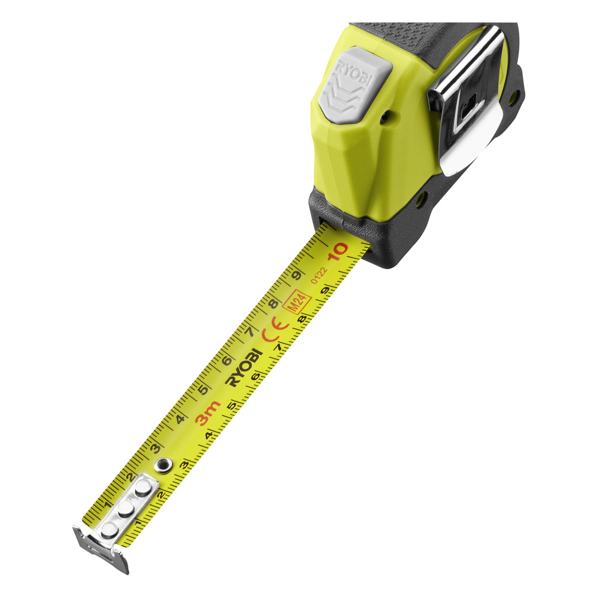 Ett gult och svart Ryobi RHMT3-måttband är förlängt till cirka 16 centimeter och visar både centimeter- och tummarkeringar.
