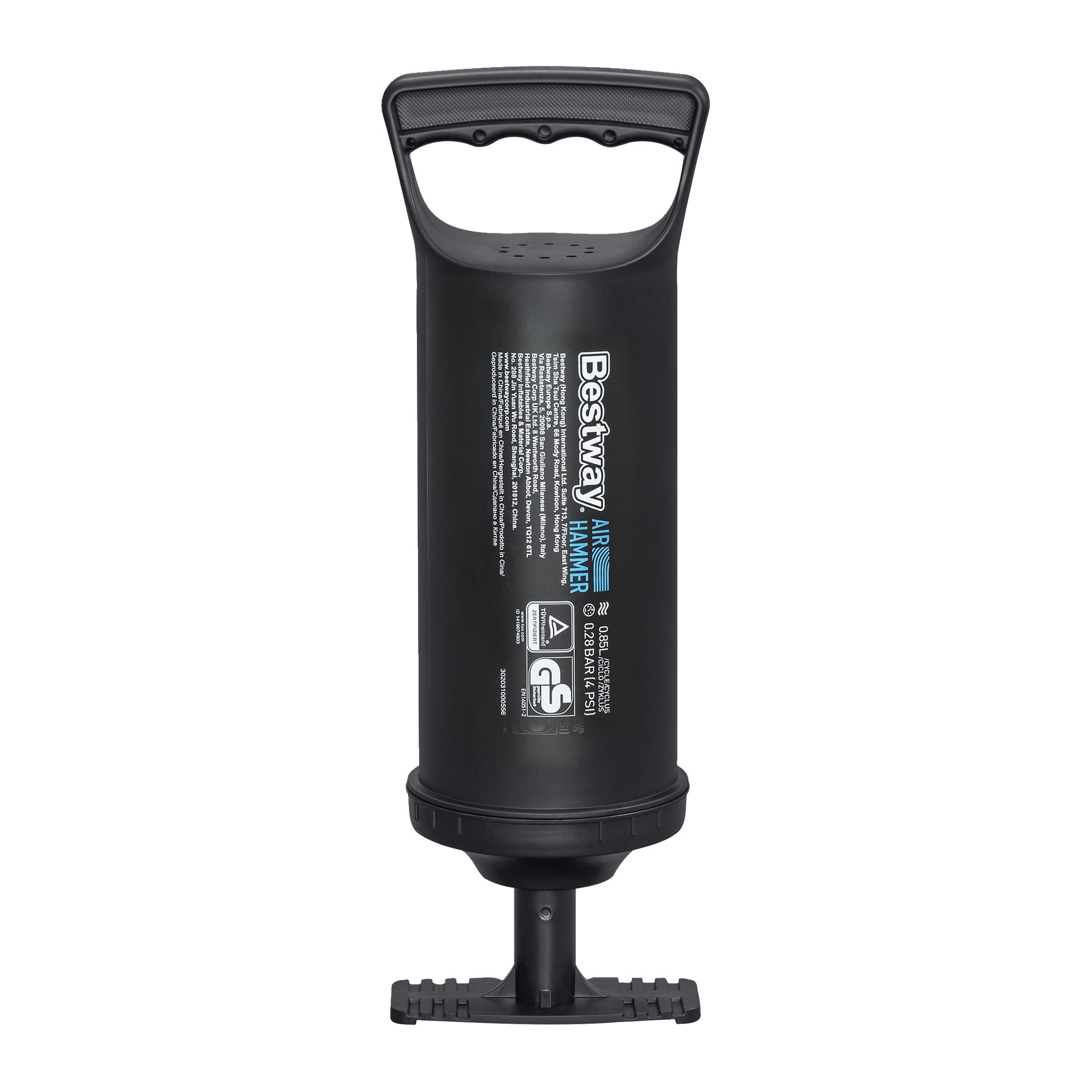En svart Bestway-pumpe med et stort topphåndtak, produktinfo på den sylindriske kroppen, og fotstøtte for Hydro-Force Voyager X4 Raft Set.