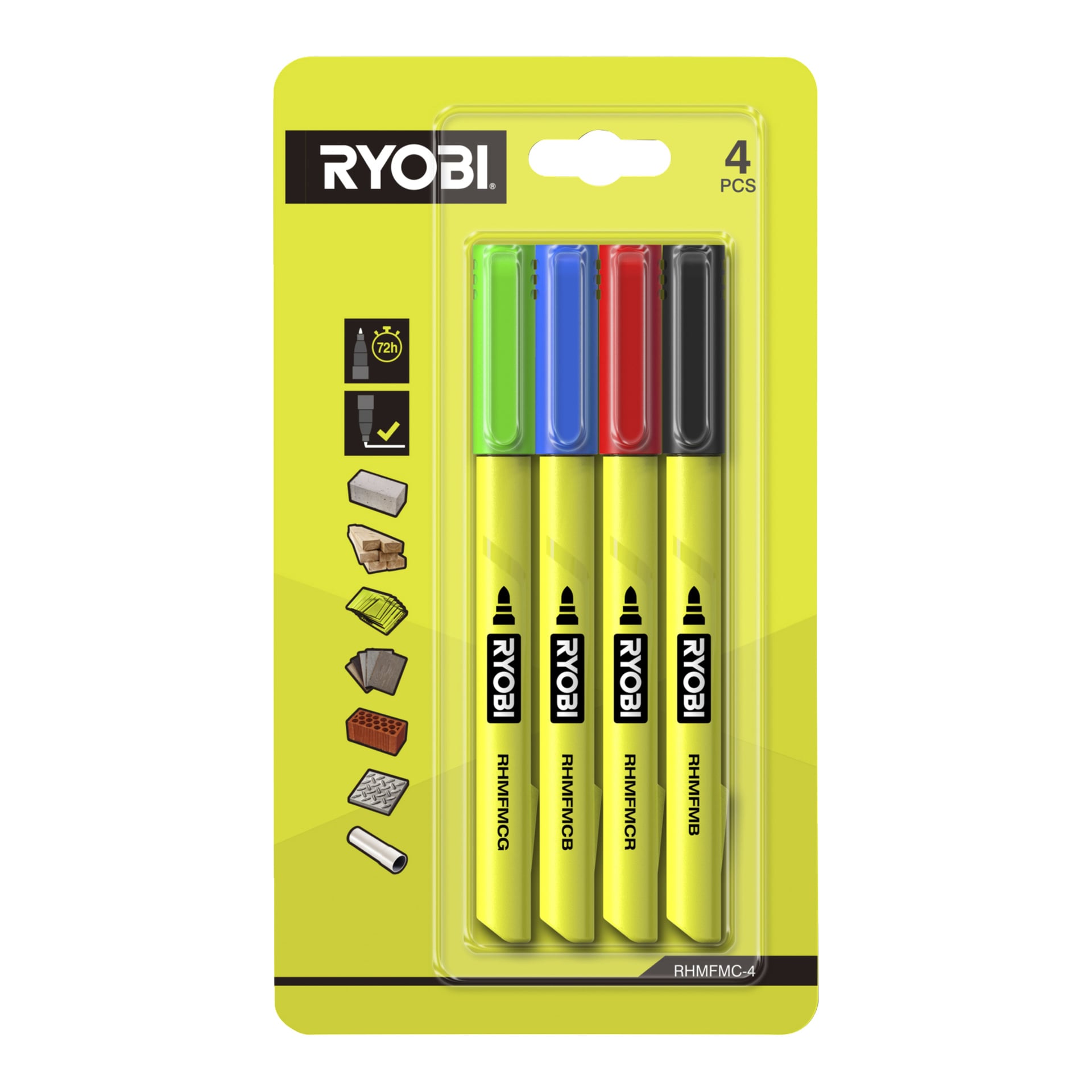 Ryobi RHMFMC-4-setet har fyra markörer—grön, blå, röd och svart—i ett paket märkt "4 PCS", med ikoner för ytanvändning.
