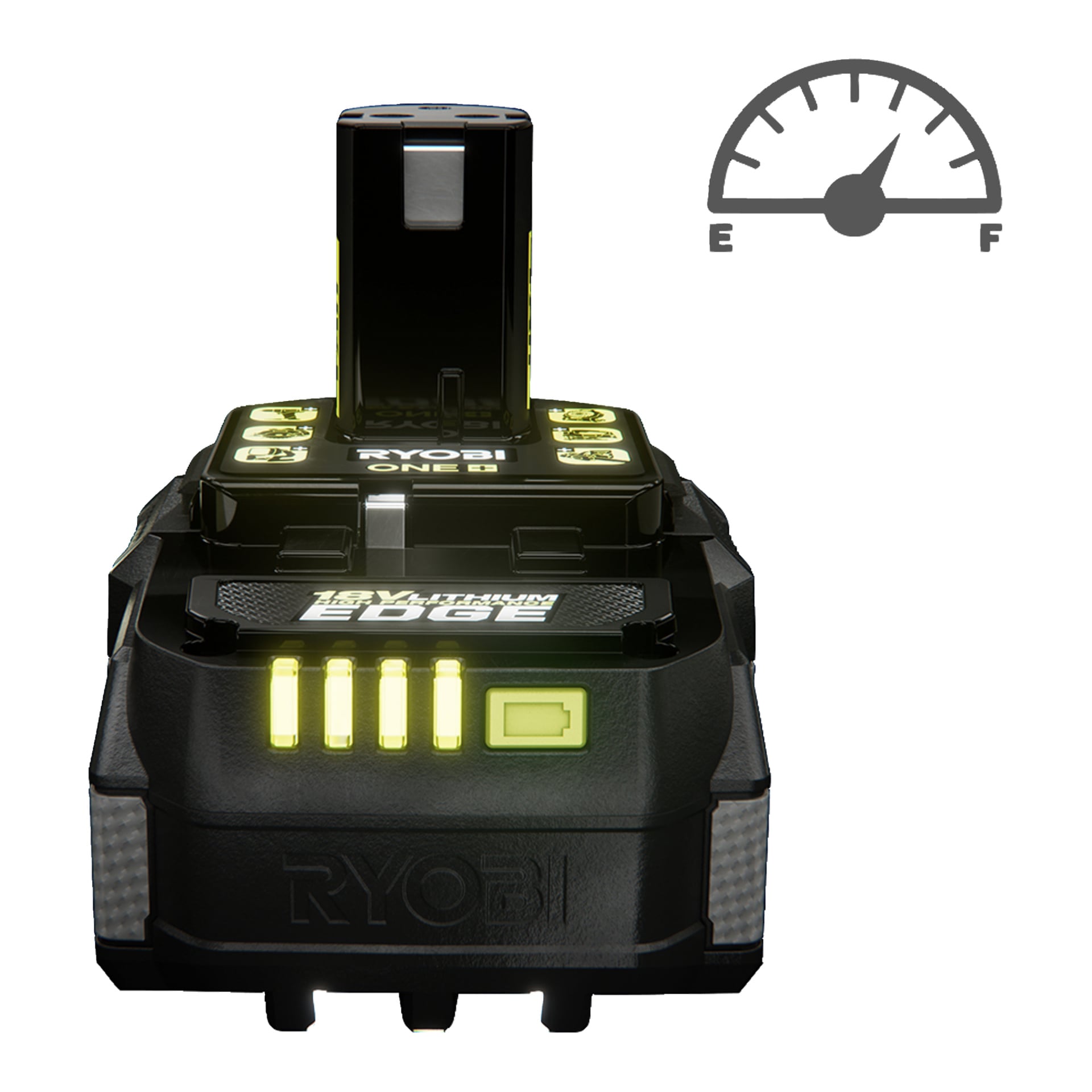 En Ryobi One+ HP Battery Edge RB1840E laddare med batteri anslutet. Fyra gröna lampor tänds och mätaren pekar mot F.
