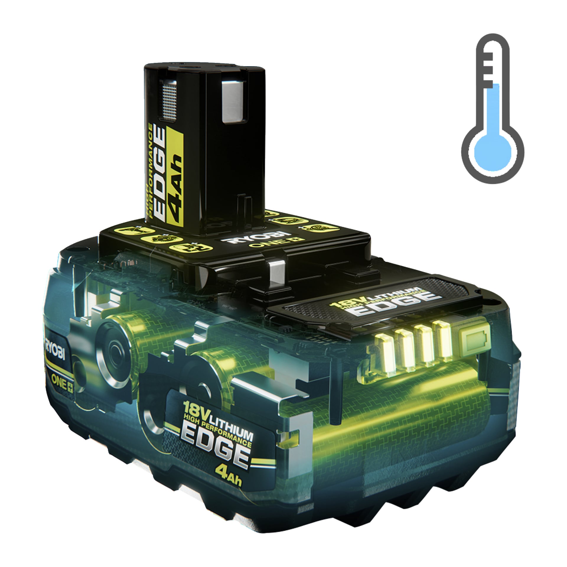 Ryobi One+ HP Battery Edge RB1840E 18V 4Ah visar en temperaturikon uppe till höger och har ett genomskinligt fodral som visar innerdelarna.