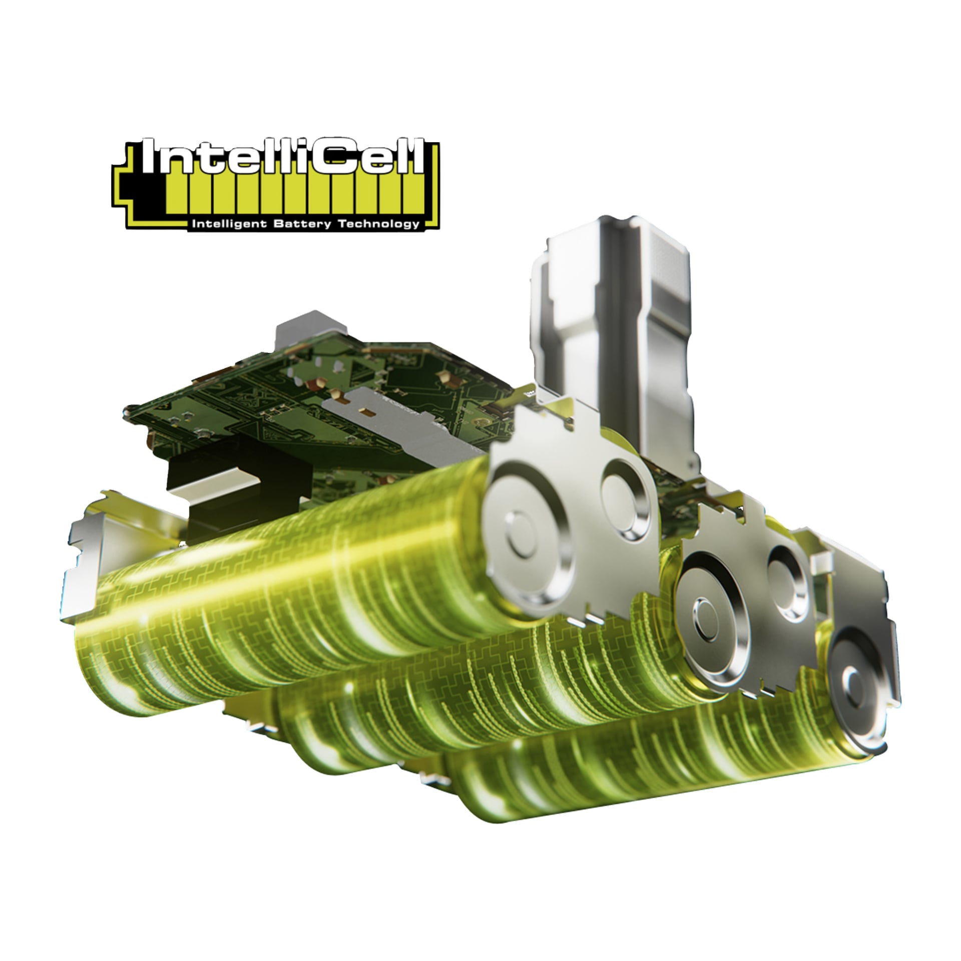 Inzoomad vy av ett Battery Edge RB1840E kretskort kopplat till fyra lysande gulgröna celler, med Ryobi One+ HP-loggan uppe till vänster.