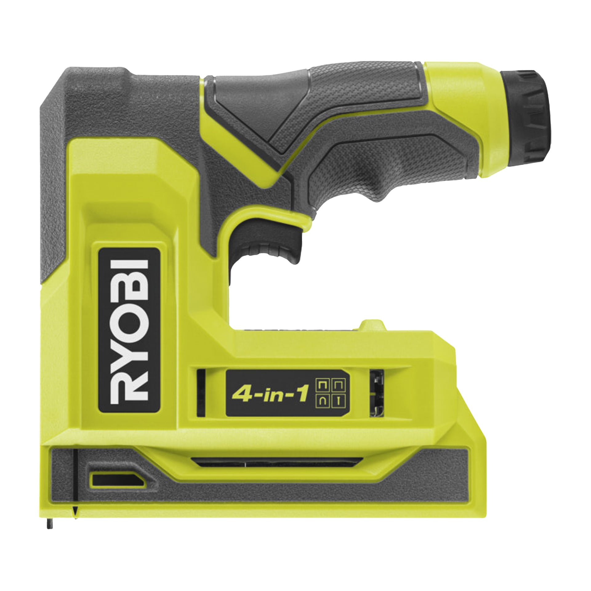 Den gule og svarte Ryobi RST4-0 USB Lithium-stiftepistolen viser et teksturert grep, sidemerking og kontroller under håndtaket.