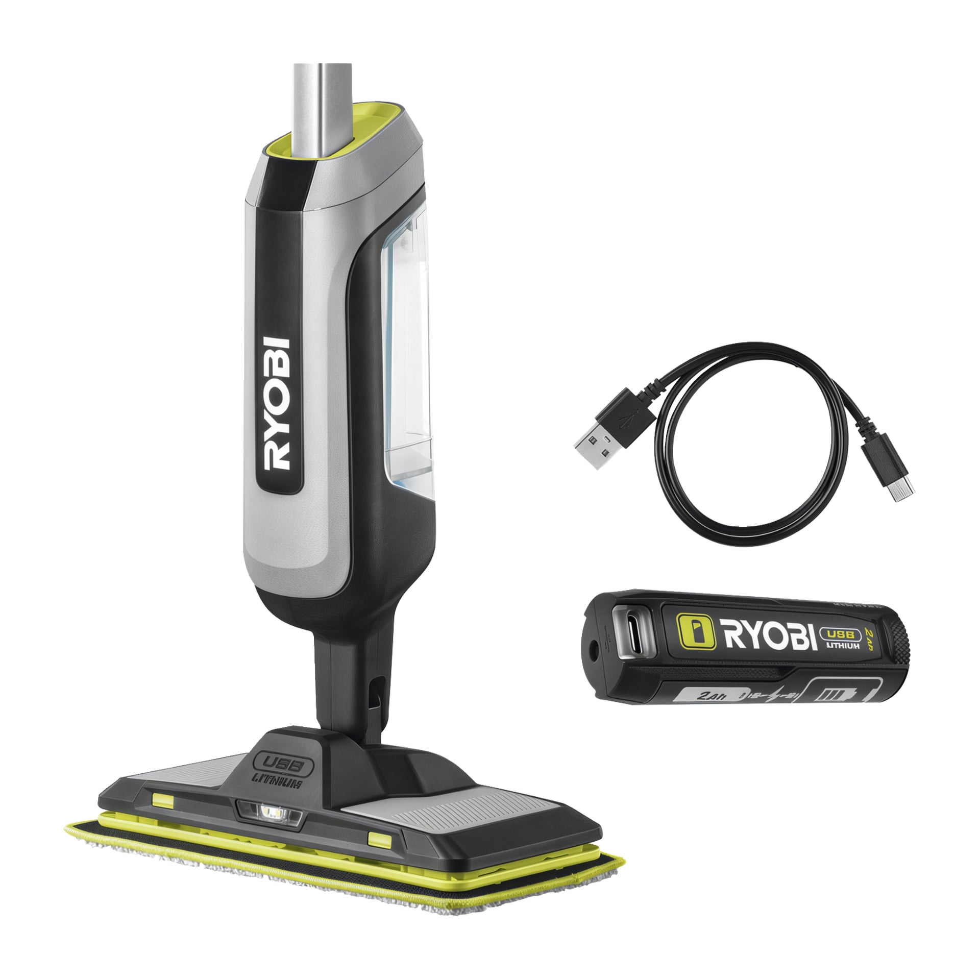 En Ryobi RSM4-120G spraymopp med rektangulär matta, avtagbart litiumjonbatteri och USB-laddningskabel.