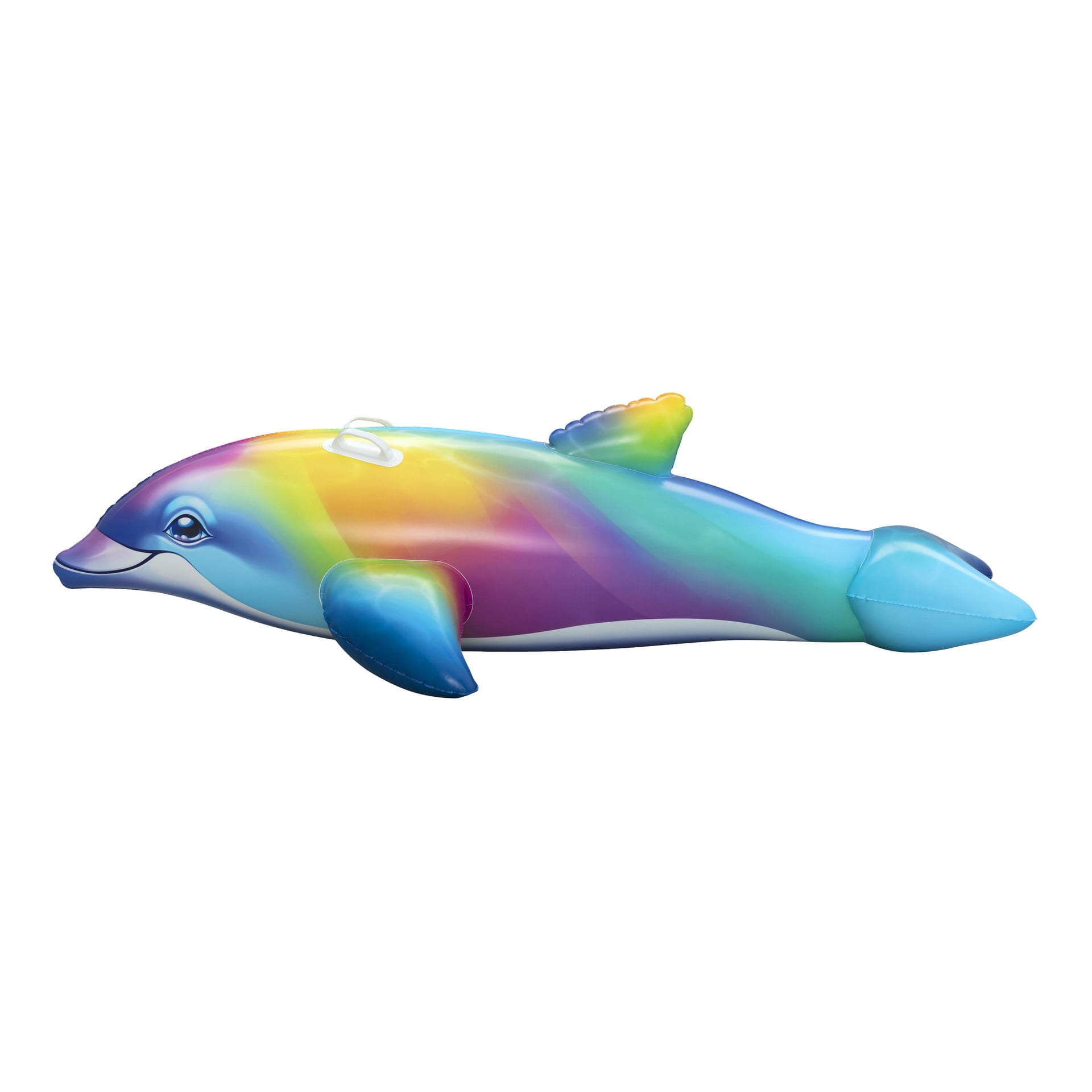 Bestway Dolphin Daydream Ride-On, dmuchany w kształcie delfina z tęczowym gradientem i białą rączką z tyłu.