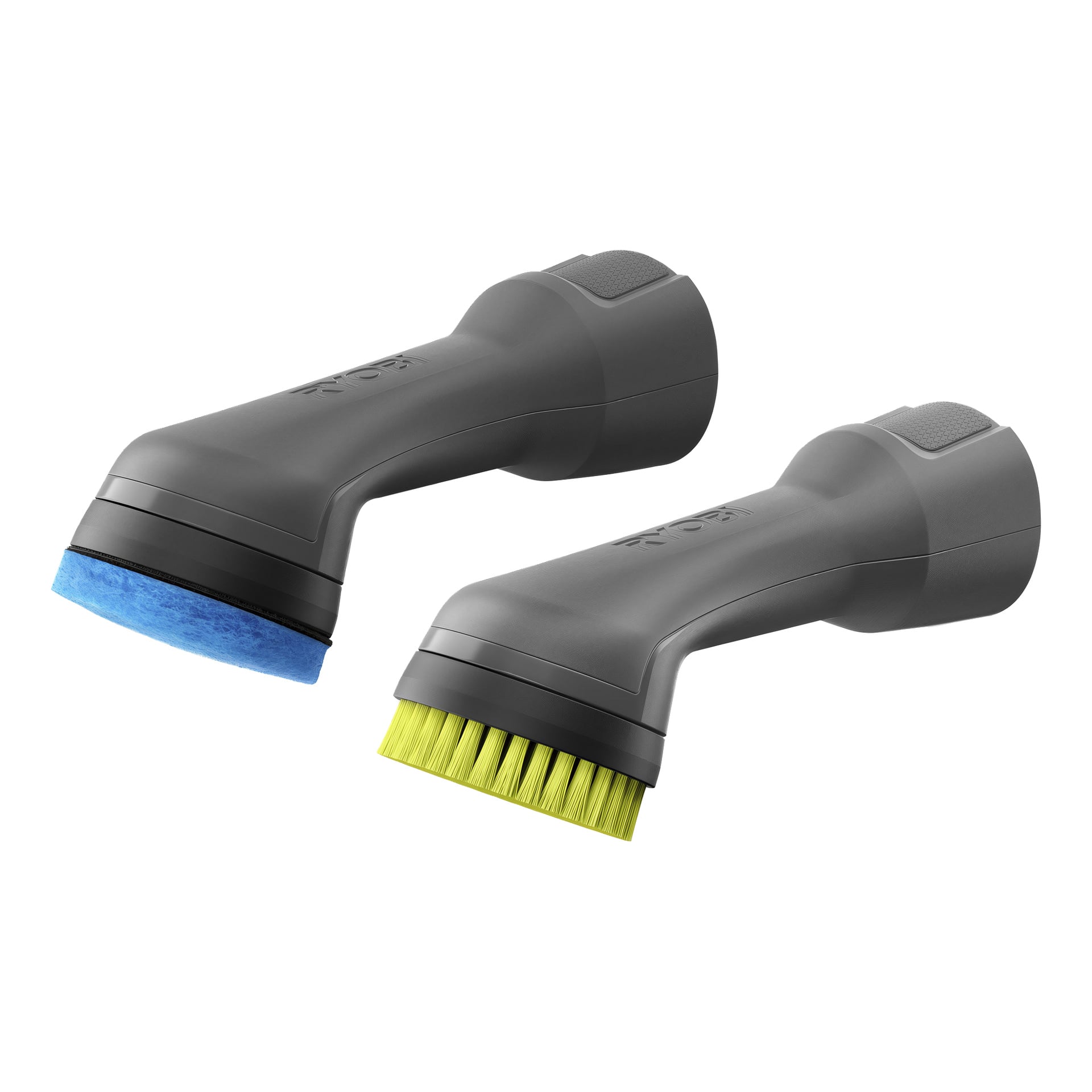 Par Ryobi USB Lithium RDS4-0 borstar: en med ett blått svamphuvud, en med gula borst; Båda har böjda, texturerade grepp.