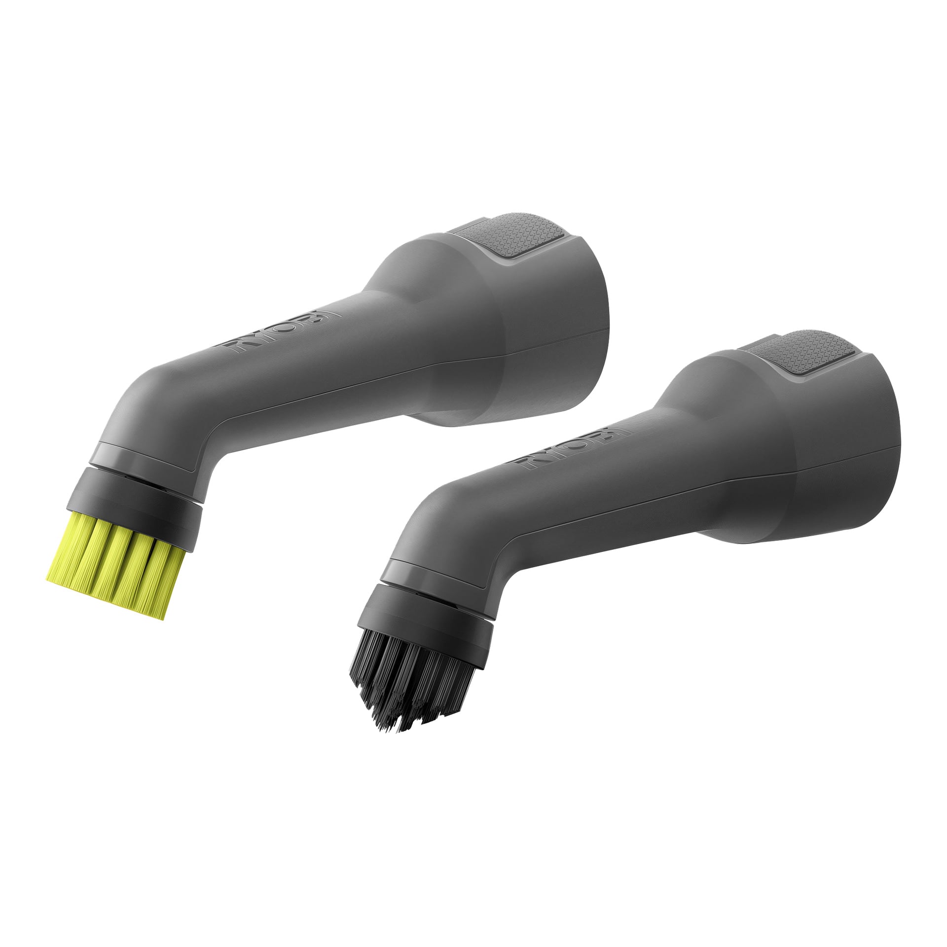 Ryobi USB Lithium Brush set RDS4A1 med två grå handhållna enheter sida vid sida, en med gula borst och en med svart.