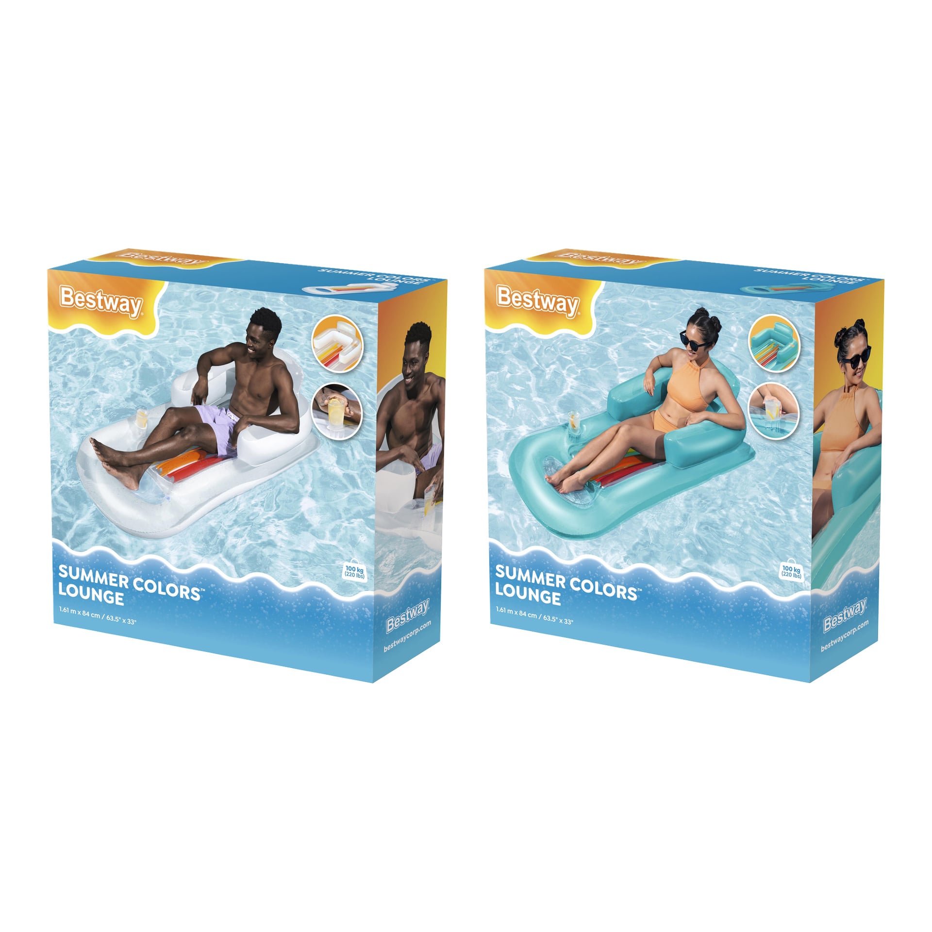 Två Bestway Sun Mattress poolflottörlådor, var och en med någon på en vit eller tealfärgad lounge i en pool, produktinformation synlig.