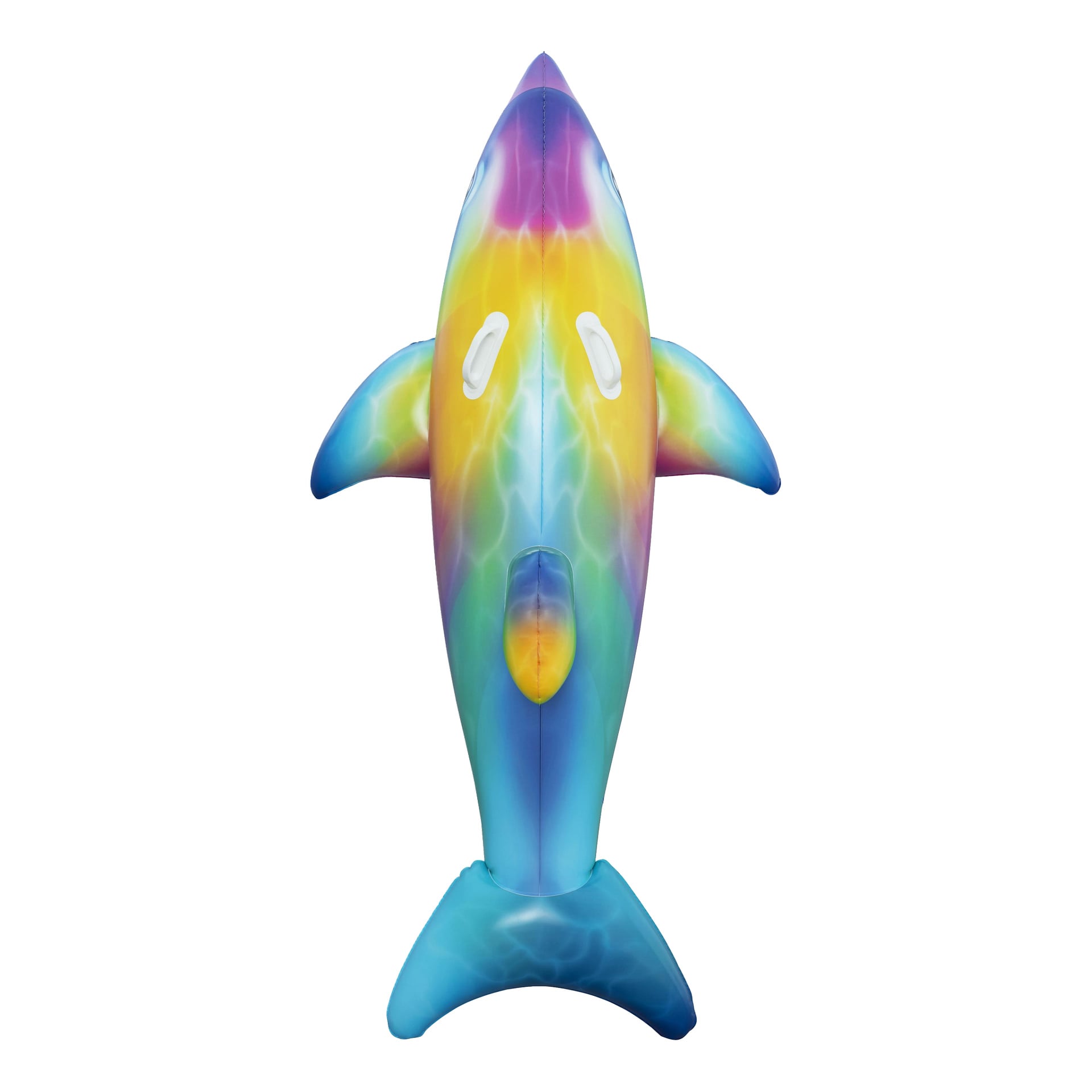 Bestway Dolphin Daydream Ride-On, platforma w kształcie delfina z niebieskim, żółtym i fioletowym tie-dye, bocznymi płetwami, płetwą ogonową i dwoma uchwytami.