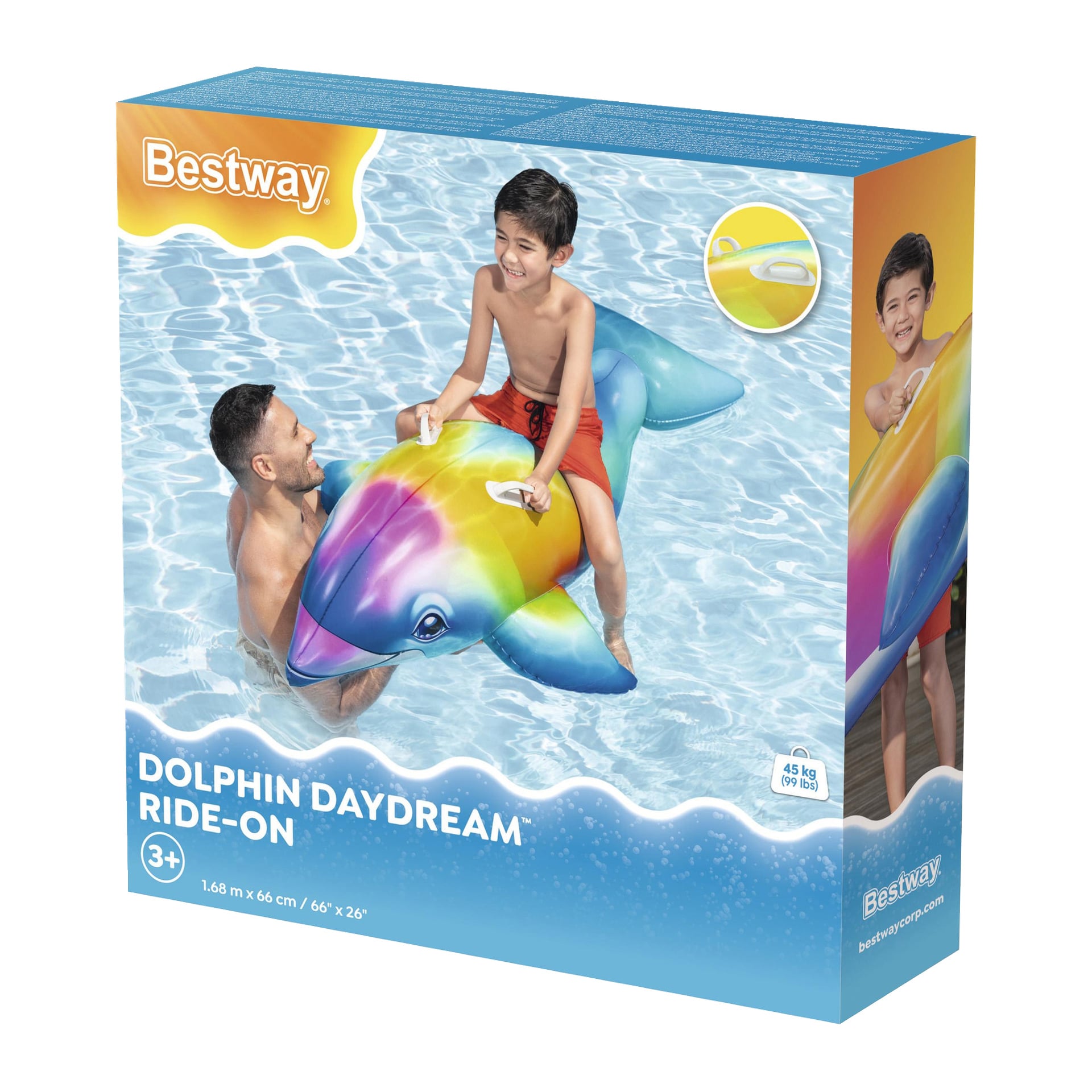 Pudełko Bestway Dolphin Daydream Ride-On pokazuje dziecko na dmuchanym delfinie w basenie, dorosłego pomagającego, z informacjami o rozmiarze i wieku.