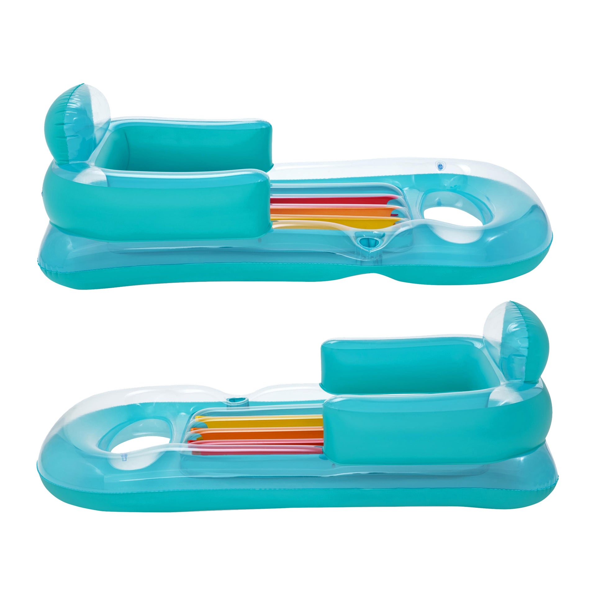 Två turkosa Bestway poollounger står sida vid sida, var och en med en klar randig sektion, ryggstöd och mugghållare i ena änden.