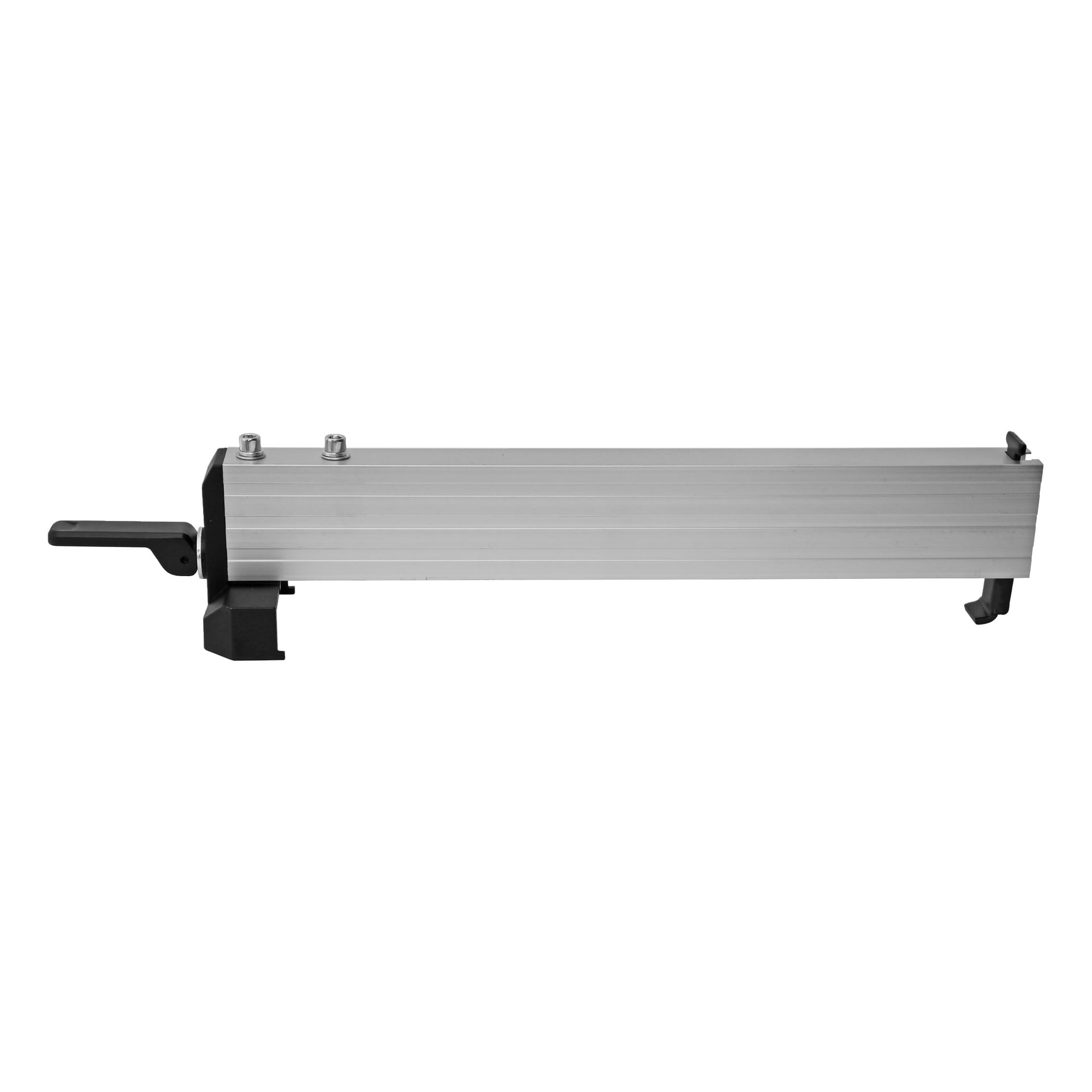 Ett horisontellt aluminiumbandsågsstängsel med svart klämände, två bultar ovanpå och en sidospak, använd som skärguide.