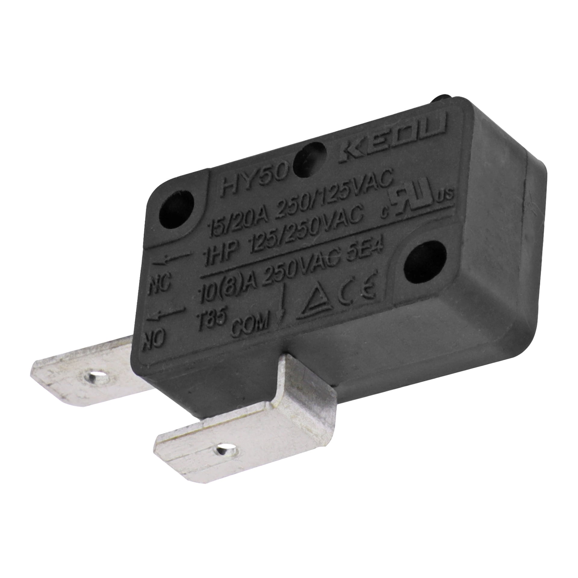 En svart rektangulär bandsågsmikroswitch med två metallterminaler och tekniska betyg och certifieringssymboler på ytan.