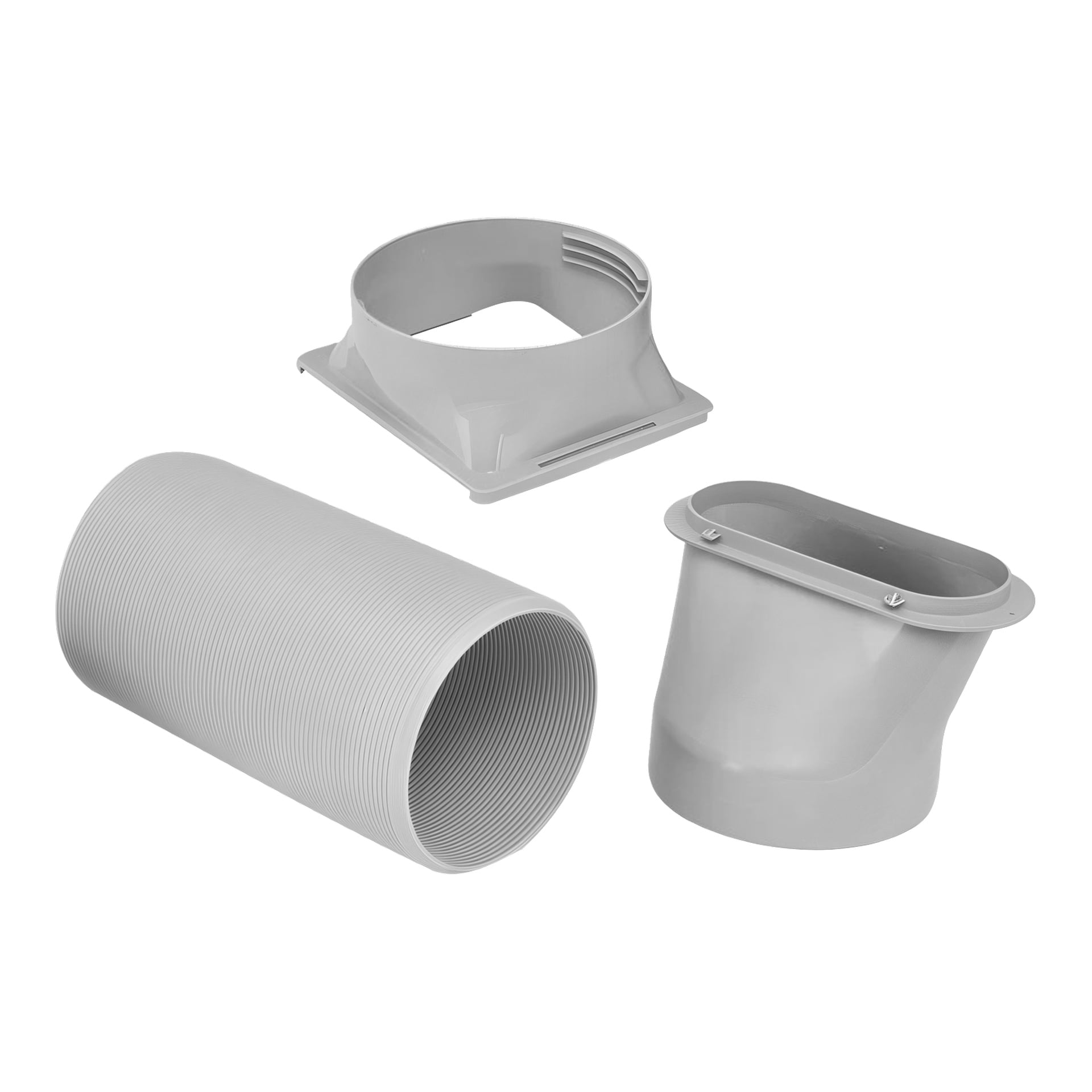 Tre grå plastdelar för luftkonditionering – en cirkulär adapter, en rektangulär till rund adapter och en flexibel slang – visas.