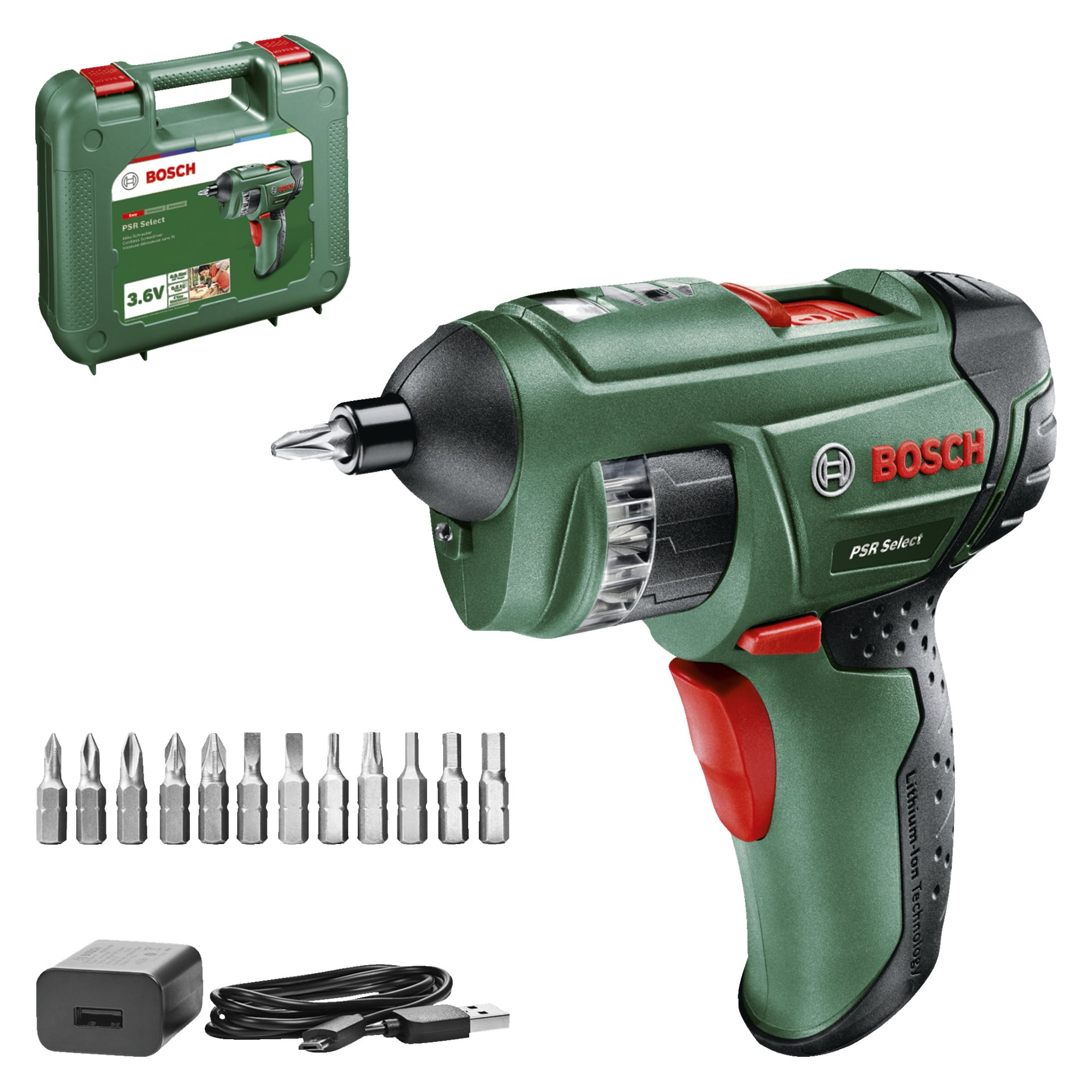 Grön Bosch PSR SELECT-skruvmejsel med röd avtryckare, inkluderar 10 bitar, laddare, USB-kabel och ett grönt fodral bakom.