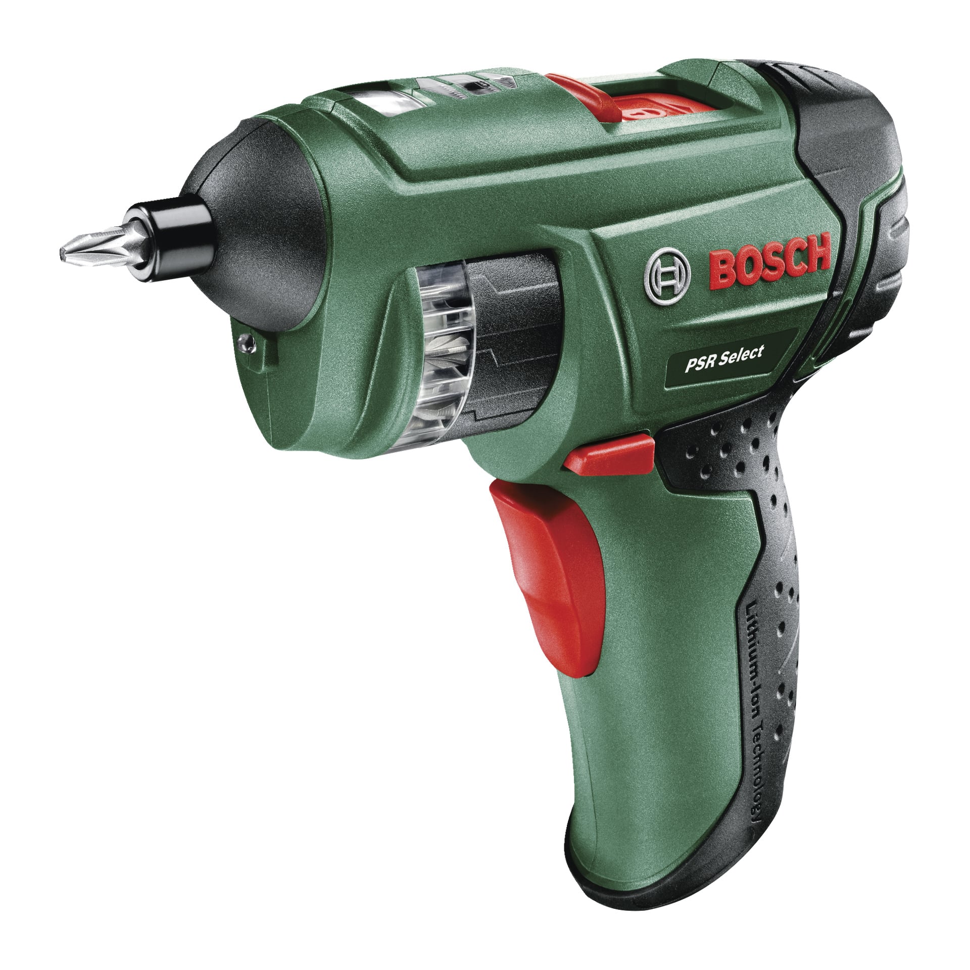 En grön och svart Bosch PSR SELECT sladdlös skruvmejsel med röd avtryckare, integrerad bitshållare, laddare och Bosch-logga.