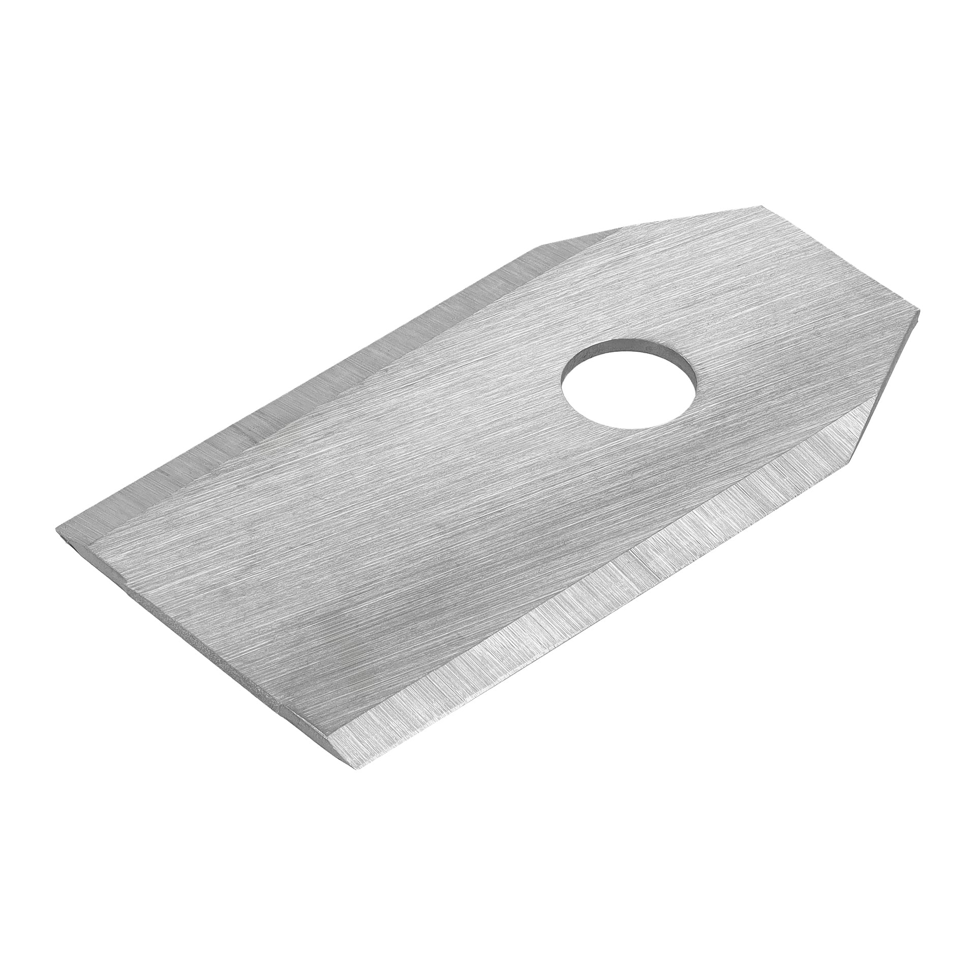Ett Meec Tools robotgräsklipparblad med borstad finish, rektangulär form, diagonal ändskärning och ett centralt runt hål.