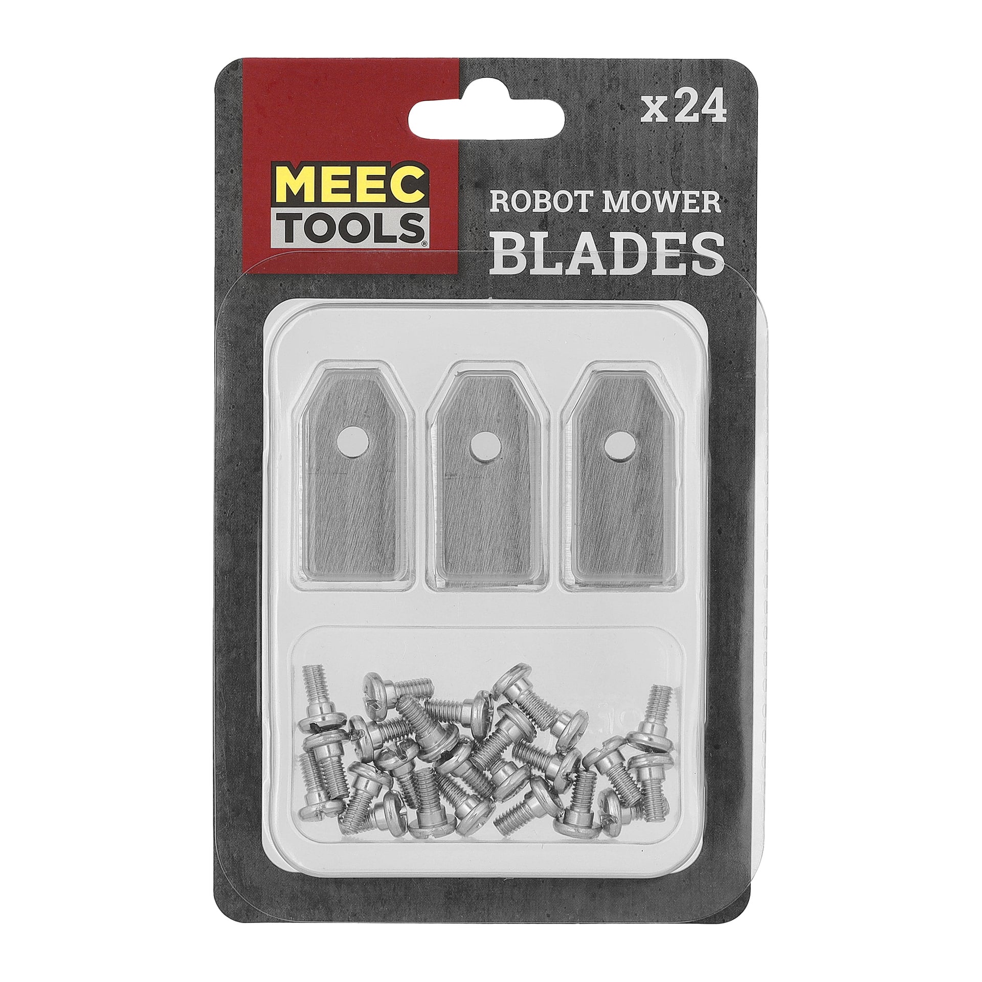 MEEC TOOLS robotklipparblad med 24 x pack med tre metallblad och skruvar synliga bakom ett genomskinligt plastlock.