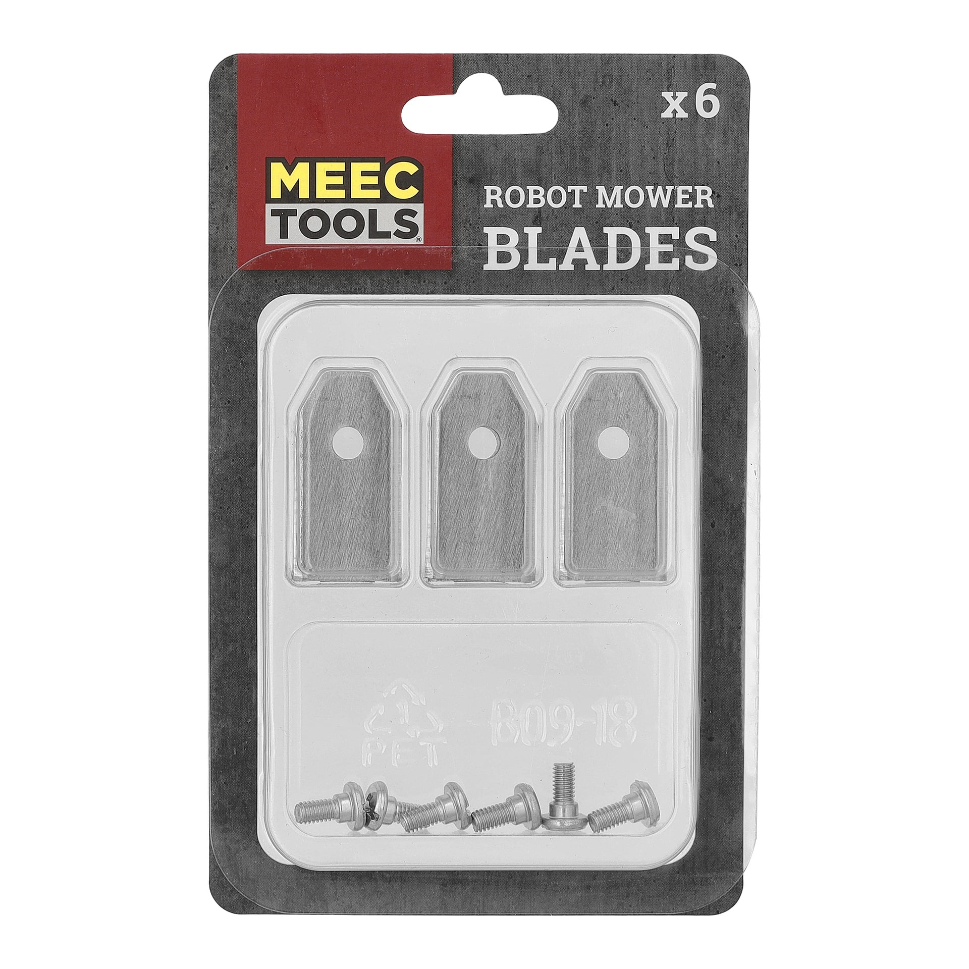 Meec Tools Robot Mower Blades-paket med tre metallblad och sex skruvar på svart och grå bakgrund.