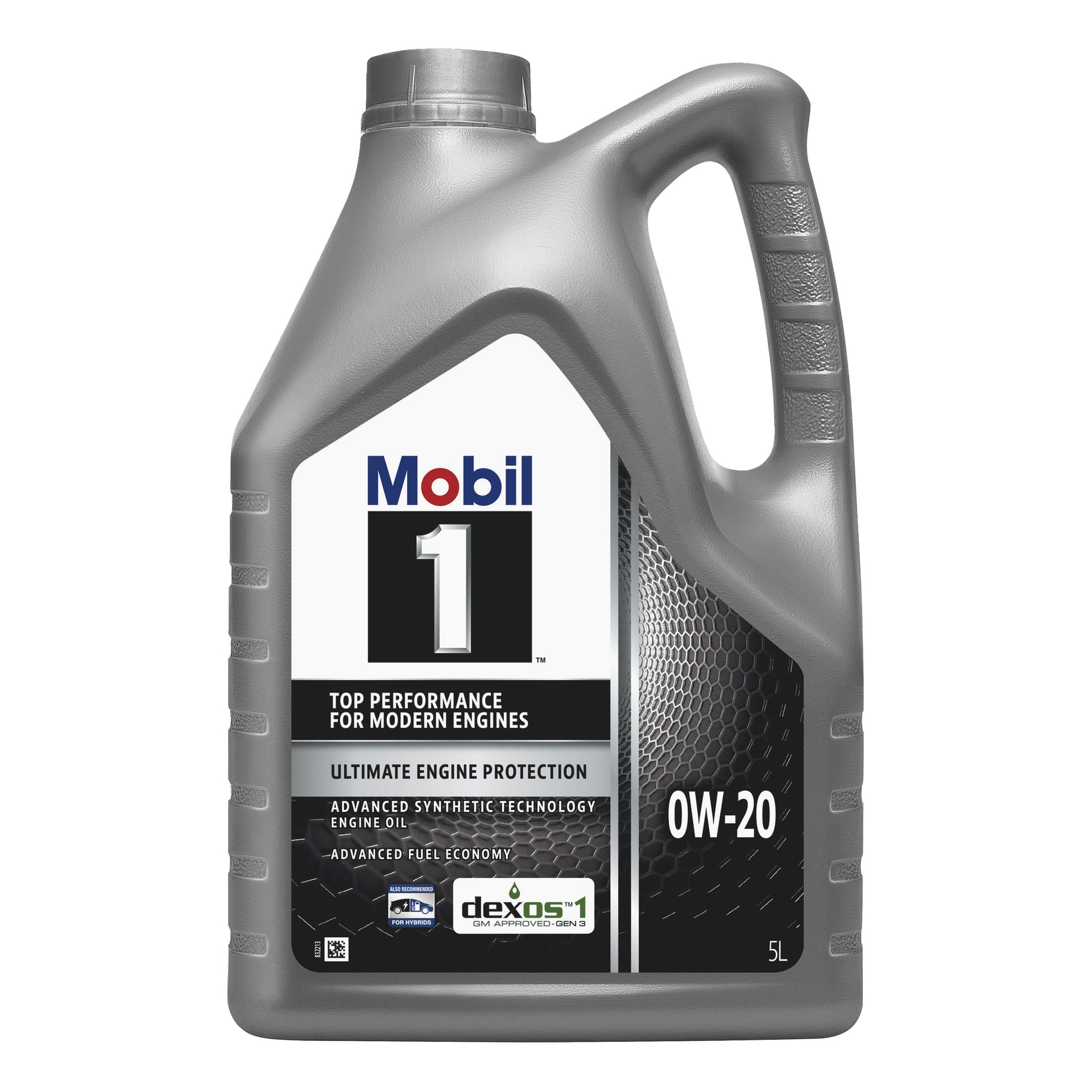 5-litrainen harmaa muovikannu Mobil 1 -moottoriöljyä, jossa on 0W-20 etiketissä, etupuolella brändätty ja kahva oikealla puolella.