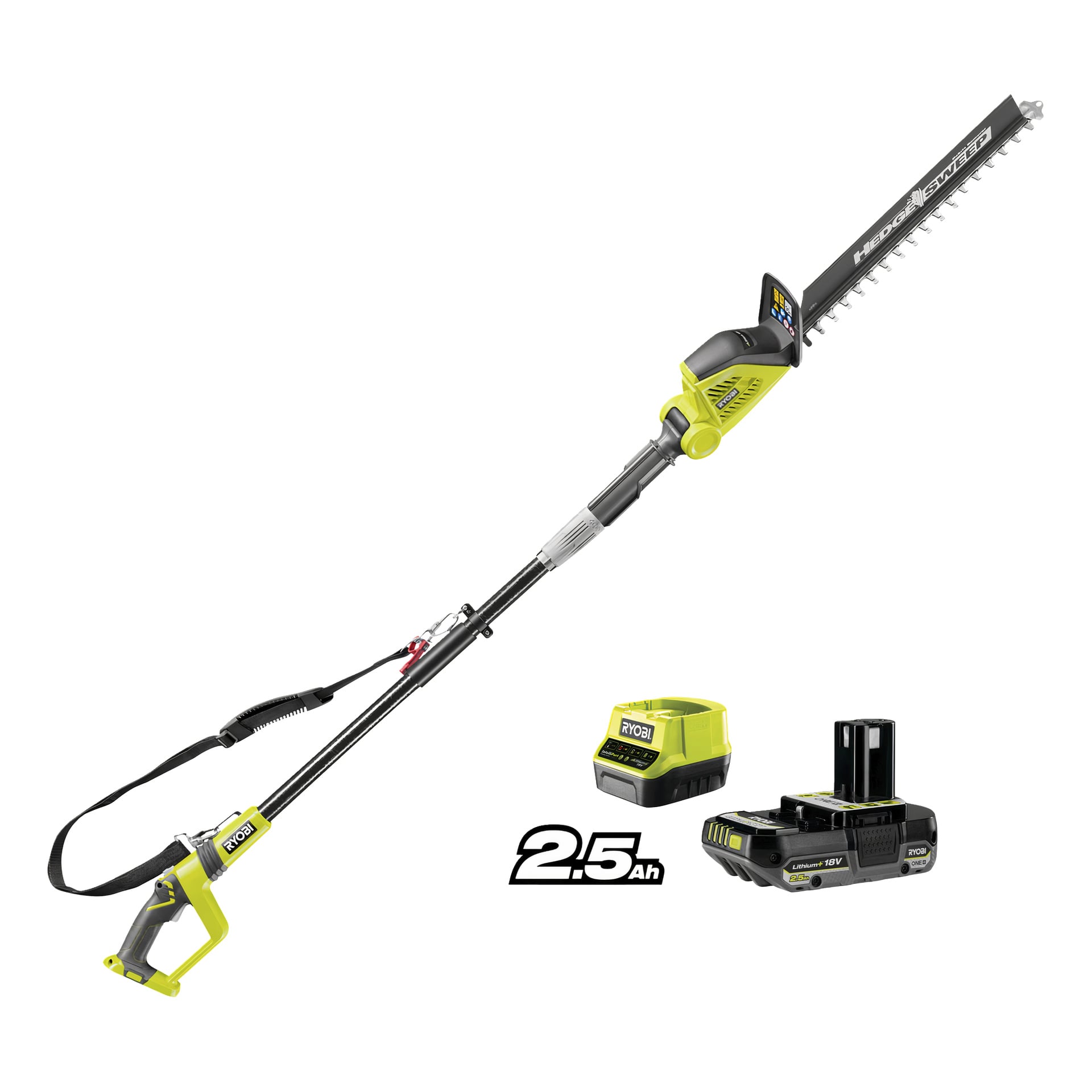 En Ryobi One+ RPT1845-120 häcksax med förlängd stång, 2,5Ah uppladdningsbart batteri och laddare visas.