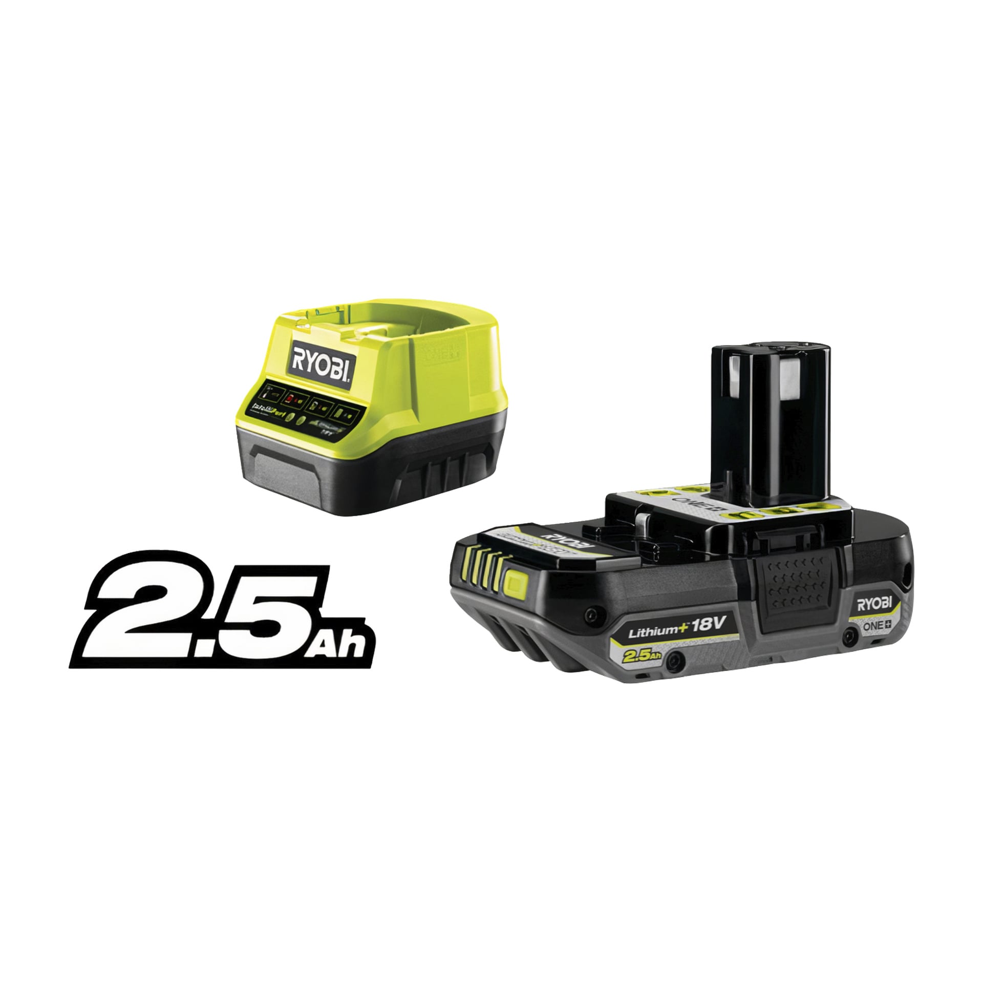 Ryobi One+ Heckentrimmer RPT1845-120 mit einer 18V 2,5Ah-Batterie und Ladegerät nebeneinander, vorne mit dem "2,5 Ah"-Etikett.